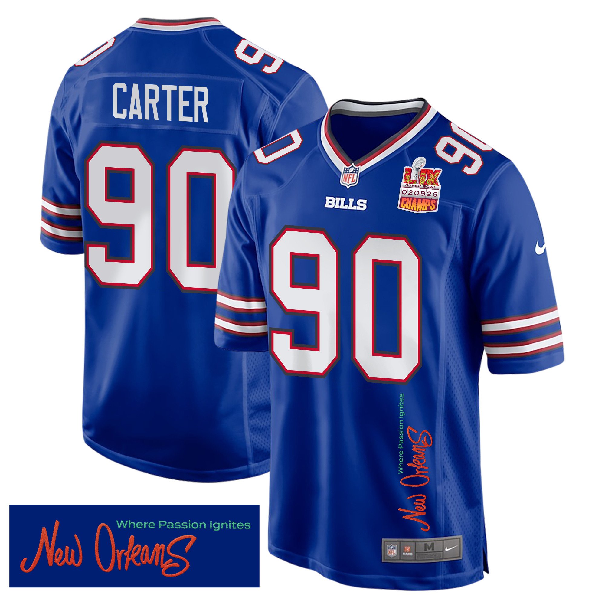DeWayne Carter 90 Buffalo Bills Super Bowl LIX Champions Patch 'New Orleans - Where Passion Ignites' EMBROIDERED Game Men Jersey - Royal JS4177 nicesnker