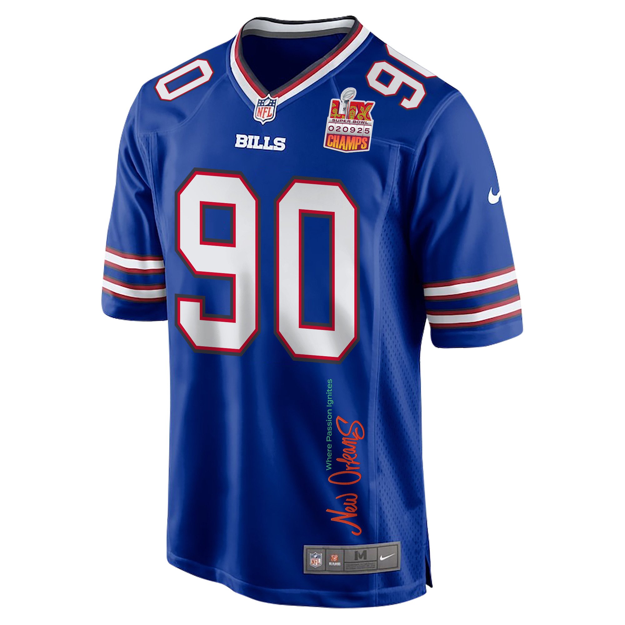 DeWayne Carter 90 Buffalo Bills Super Bowl LIX Champions Patch 'New Orleans - Where Passion Ignites' EMBROIDERED Game Men Jersey - Royal JS4177 nicesnker - Image 3