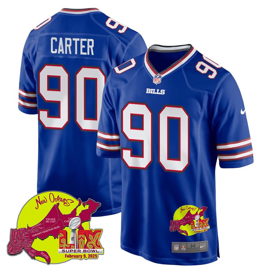 DeWayne Carter 90 Buffalo Bills Super Bowl LIX New Orleans Patch Game Men Jersey - Royal JS3721 nicesnker