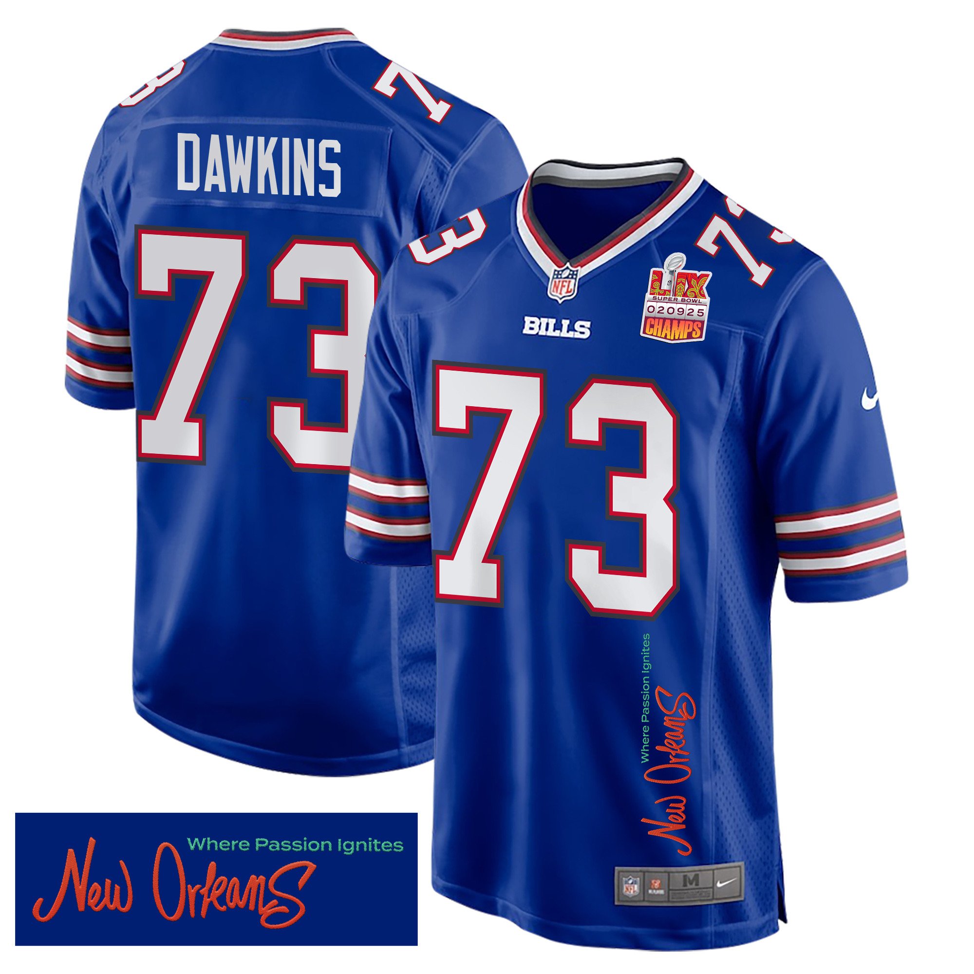 Dion Dawkins 73 Buffalo Bills Super Bowl LIX Champions Patch 'New Orleans - Where Passion Ignites' EMBROIDERED Game Men Jersey - Royal JS8847 nicesnker