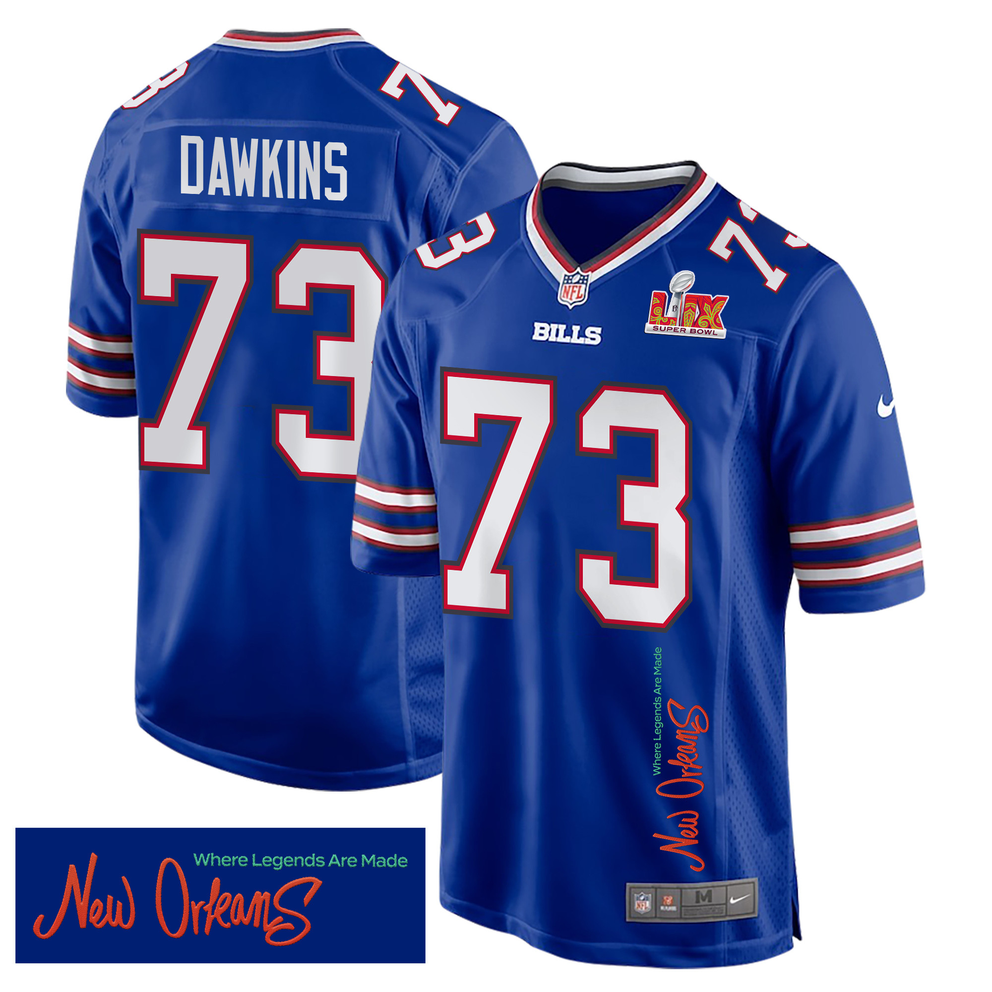Dion Dawkins 73 Buffalo Bills Super Bowl LIX 'New Orleans - Where Legends Are Made' EMBROIDERED Game Men Jersey - Royal JS5500 nicesnker