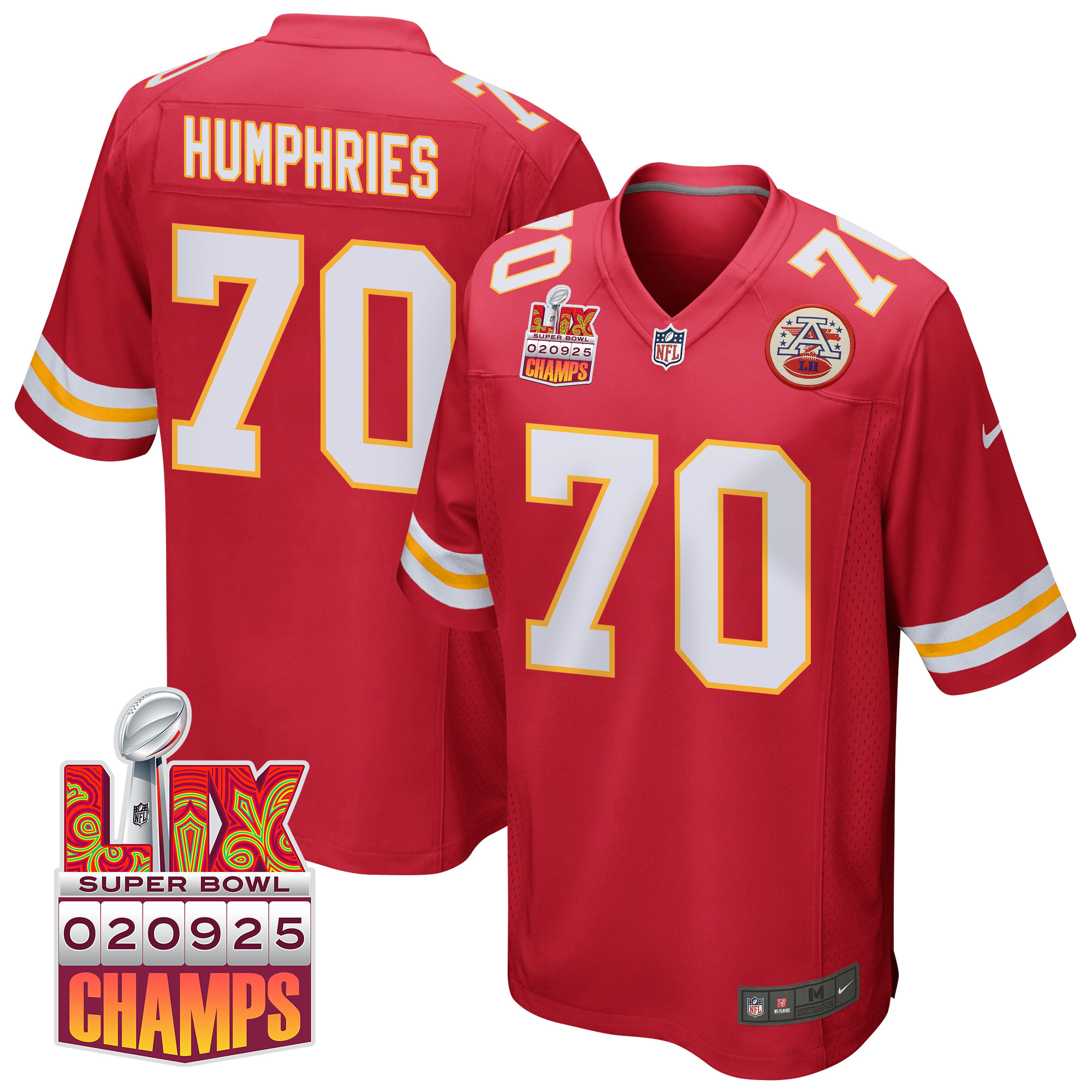 D.J. Humphries 70 Kansas City Chiefs Super Bowl LIX Champions Patch Game Men Jersey - Red JS1725 nicesnker