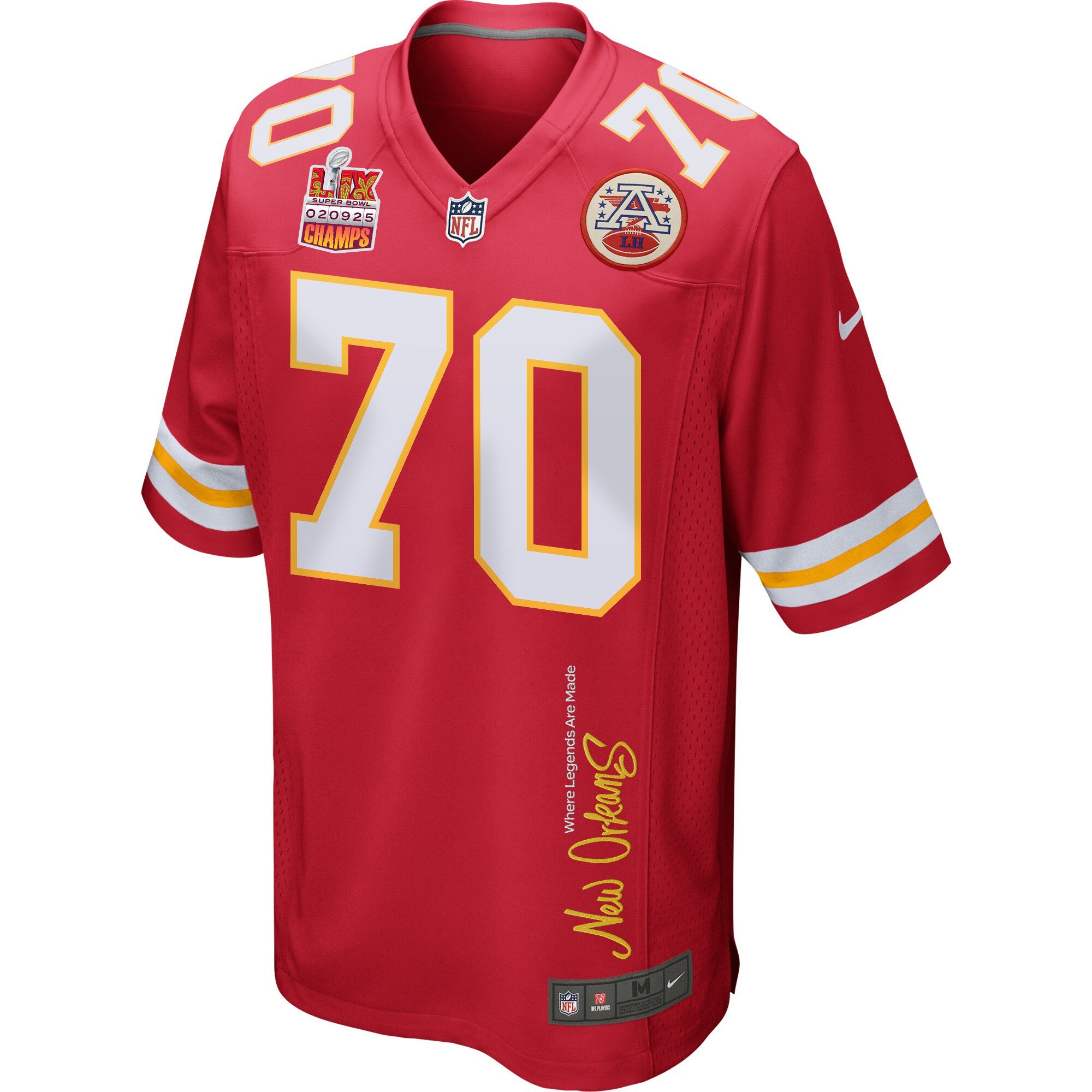 D.J. Humphries 70 Kansas City Chiefs Super Bowl LIX Champions Patch 'New Orleans - Where Legends Are Made' EMBROIDERED Game Men Jersey - Red JS7209 nicesnker - Image 3