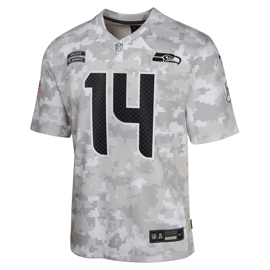 Alternative view of DK Metcalf 14 Seattle Seahawks 2024 Salute to Service Game YOUTH Jersey - Arctic Camo JS8417 nicesnker