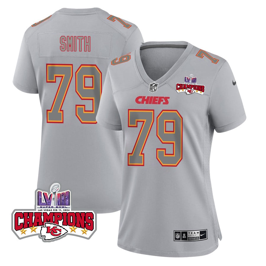 Donovan Smith 79 Kansas City Chiefs Super Bowl LVIII Champions 4 Stars Patch Atmosphere Fashion Game Women Jersey - Gray JS4265 nicesnker