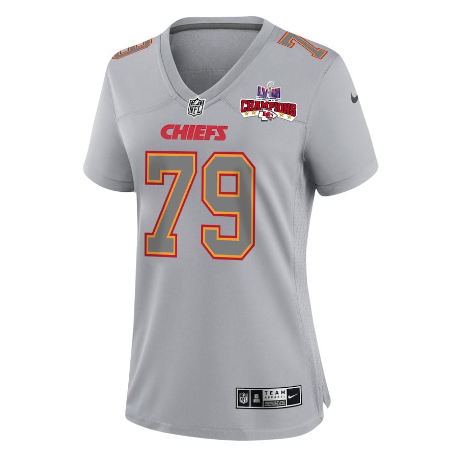 Alternative view of Donovan Smith 79 Kansas City Chiefs Super Bowl LVIII Champions 4 Stars Patch Atmosphere Fashion Game Women Jersey - Gray JS4265 nicesnker