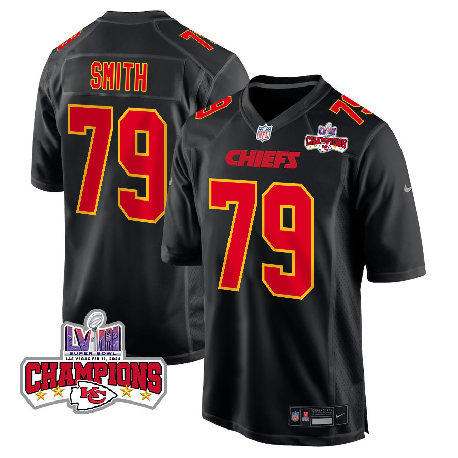 Donovan Smith 79 Kansas City Chiefs Super Bowl LVIII Champions 4 Stars Patch Fashion Game Men Jersey - Carbon Black JS1294 nicesnker