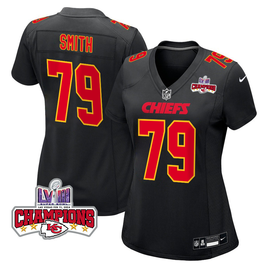 Donovan Smith 79 Kansas City Chiefs Super Bowl LVIII Champions 4 Stars Patch Fashion Game Women Jersey - Carbon Black JS7325 nicesnker