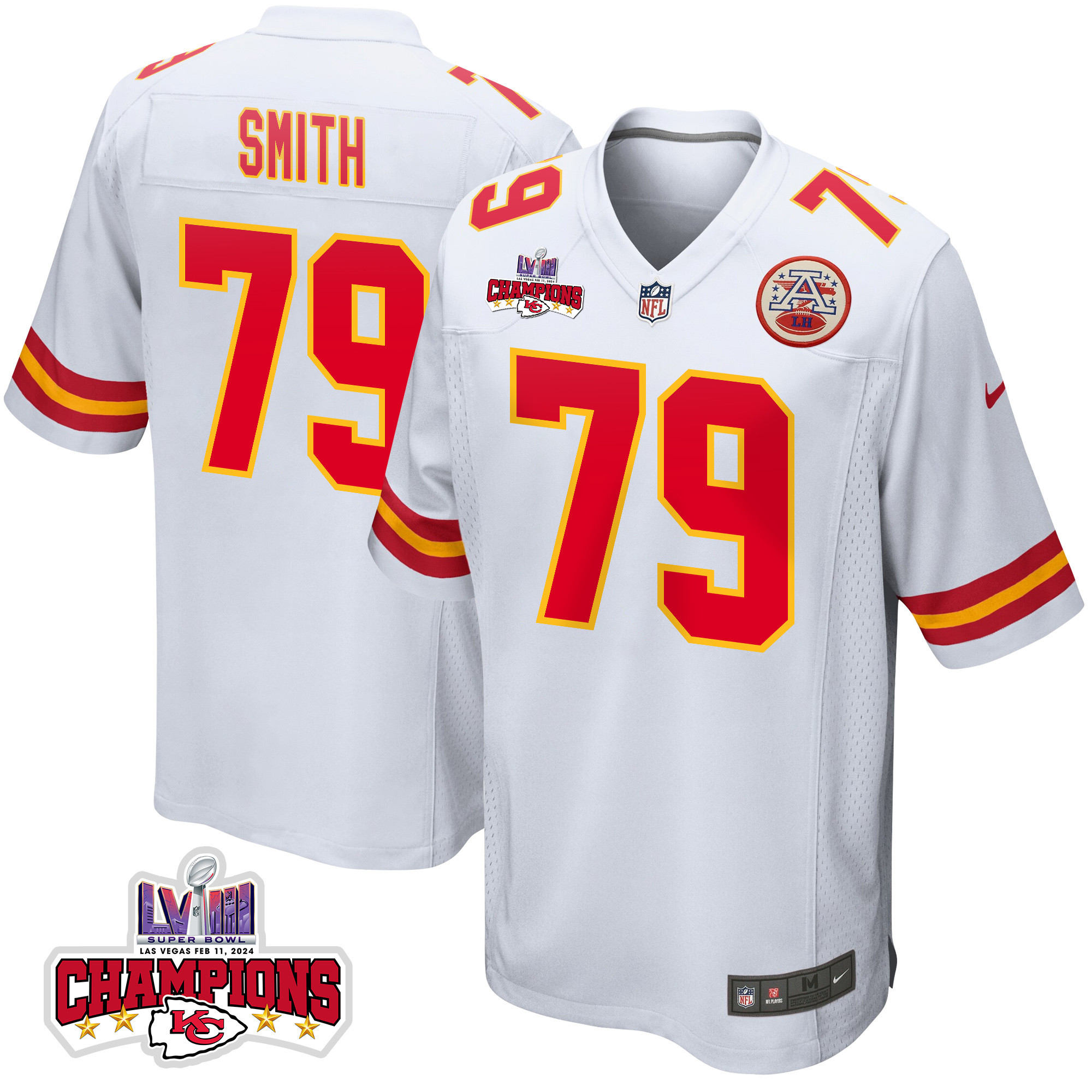 Donovan Smith 79 Kansas City Chiefs Super Bowl LVIII Champions 4 Stars Patch Game Men Jersey - White JS3599 nicesnker