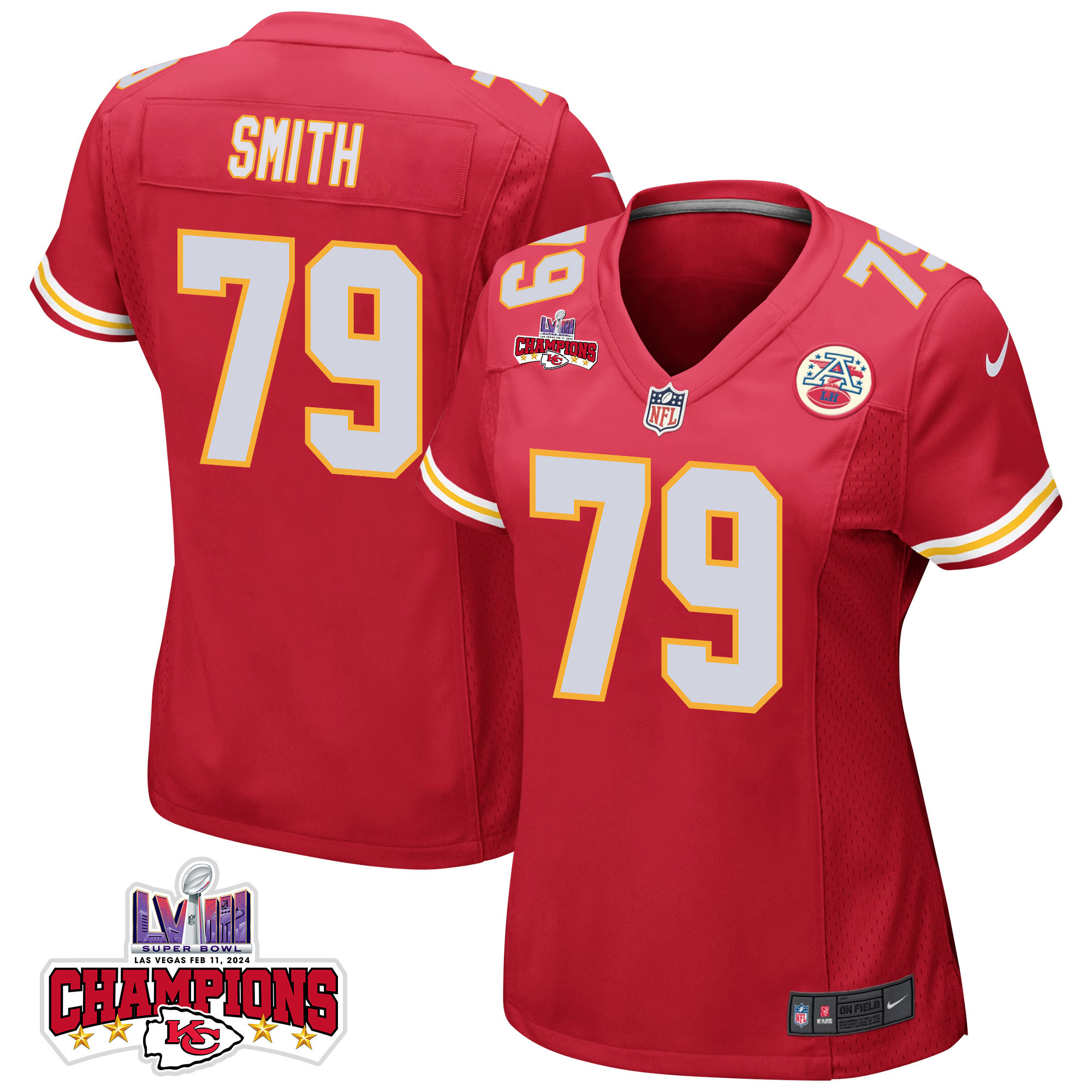 Donovan Smith 79 Kansas City Chiefs Super Bowl LVIII Champions 4 Stars Patch Game Women Jersey - Red JS4582 nicesnker
