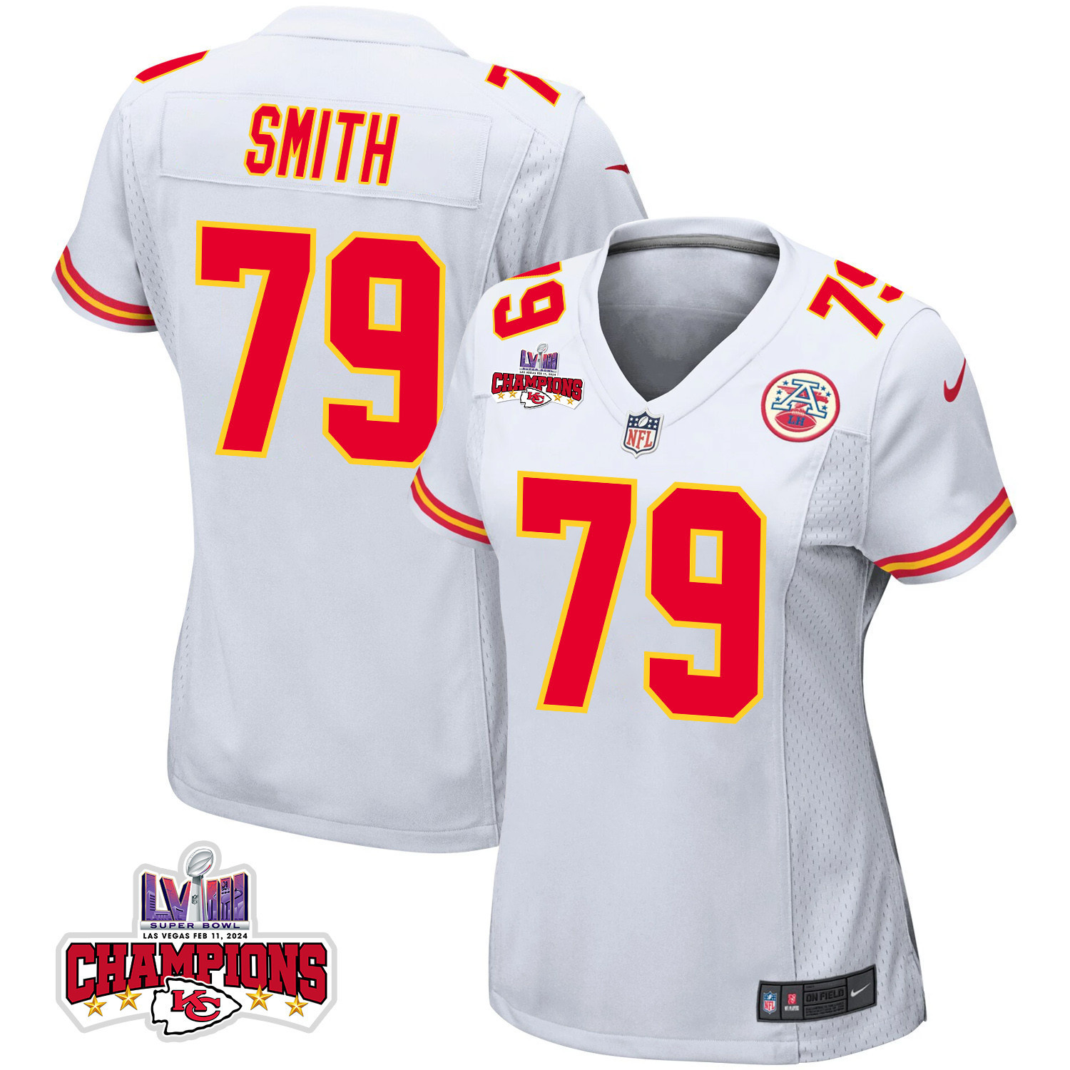 Donovan Smith 79 Kansas City Chiefs Super Bowl LVIII Champions 4 Stars Patch Game Women Jersey - White JS4301 nicesnker