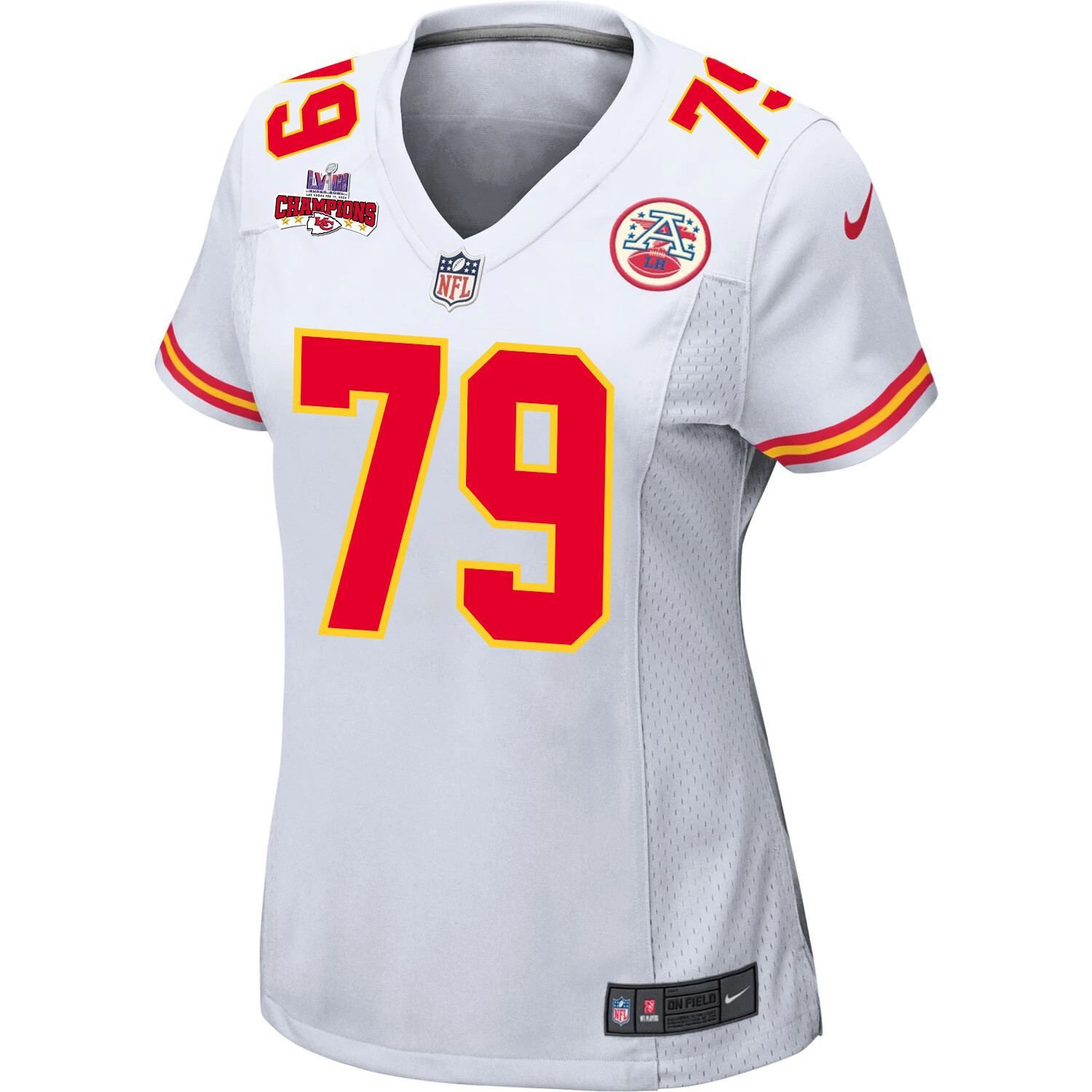 Alternative view of Donovan Smith 79 Kansas City Chiefs Super Bowl LVIII Champions 4 Stars Patch Game Women Jersey - White JS4301 nicesnker