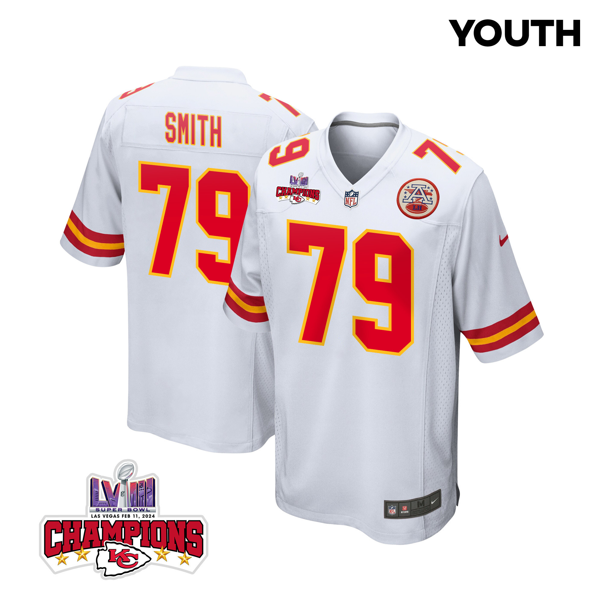Donovan Smith 79 Kansas City Chiefs Super Bowl LVIII Champions 4 Stars Patch Game YOUTH Jersey - White JS9978 nicesnker