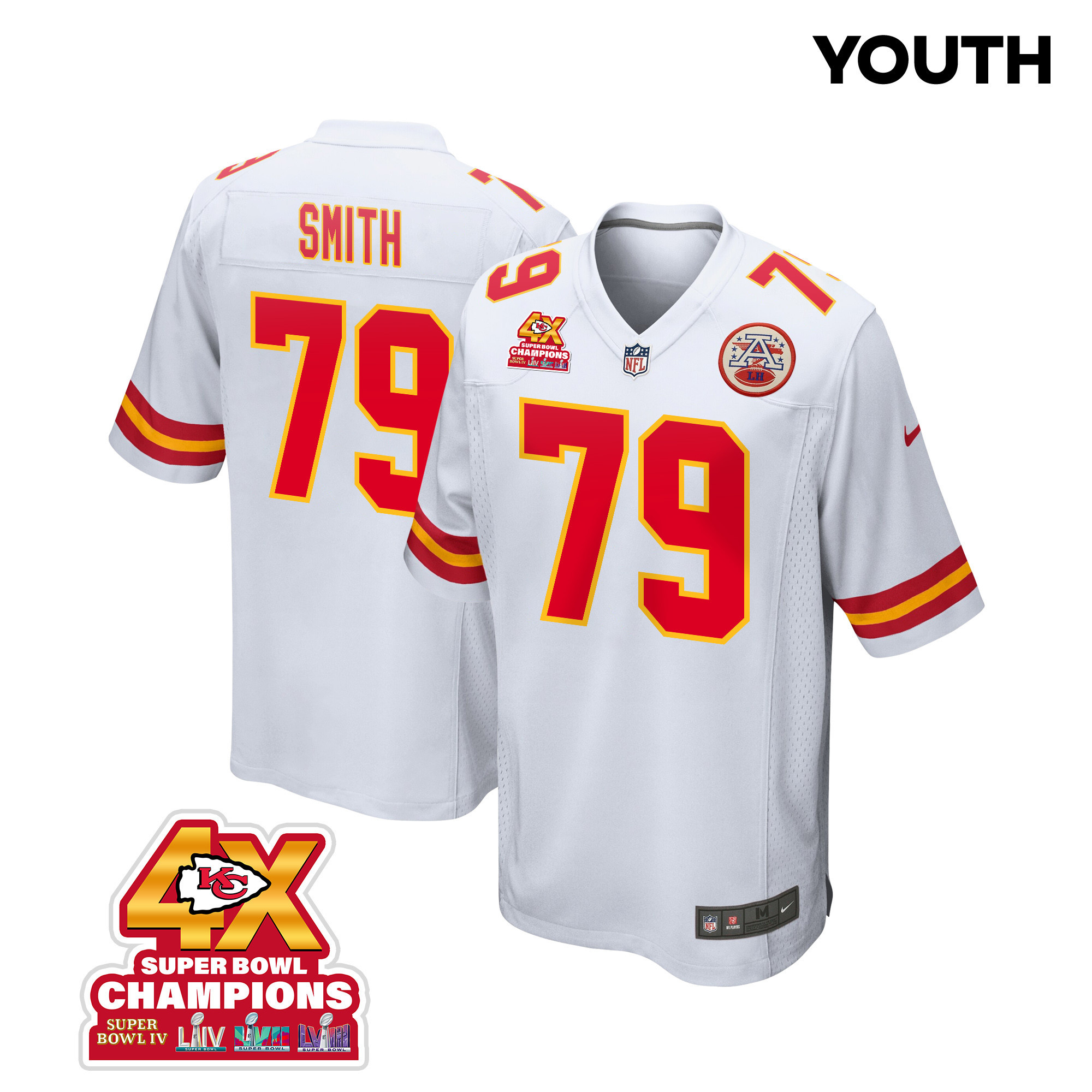 Donovan Smith 79 Kansas City Chiefs Super Bowl LVIII Champions 4X Game YOUTH Jersey - White JS3032 nicesnker