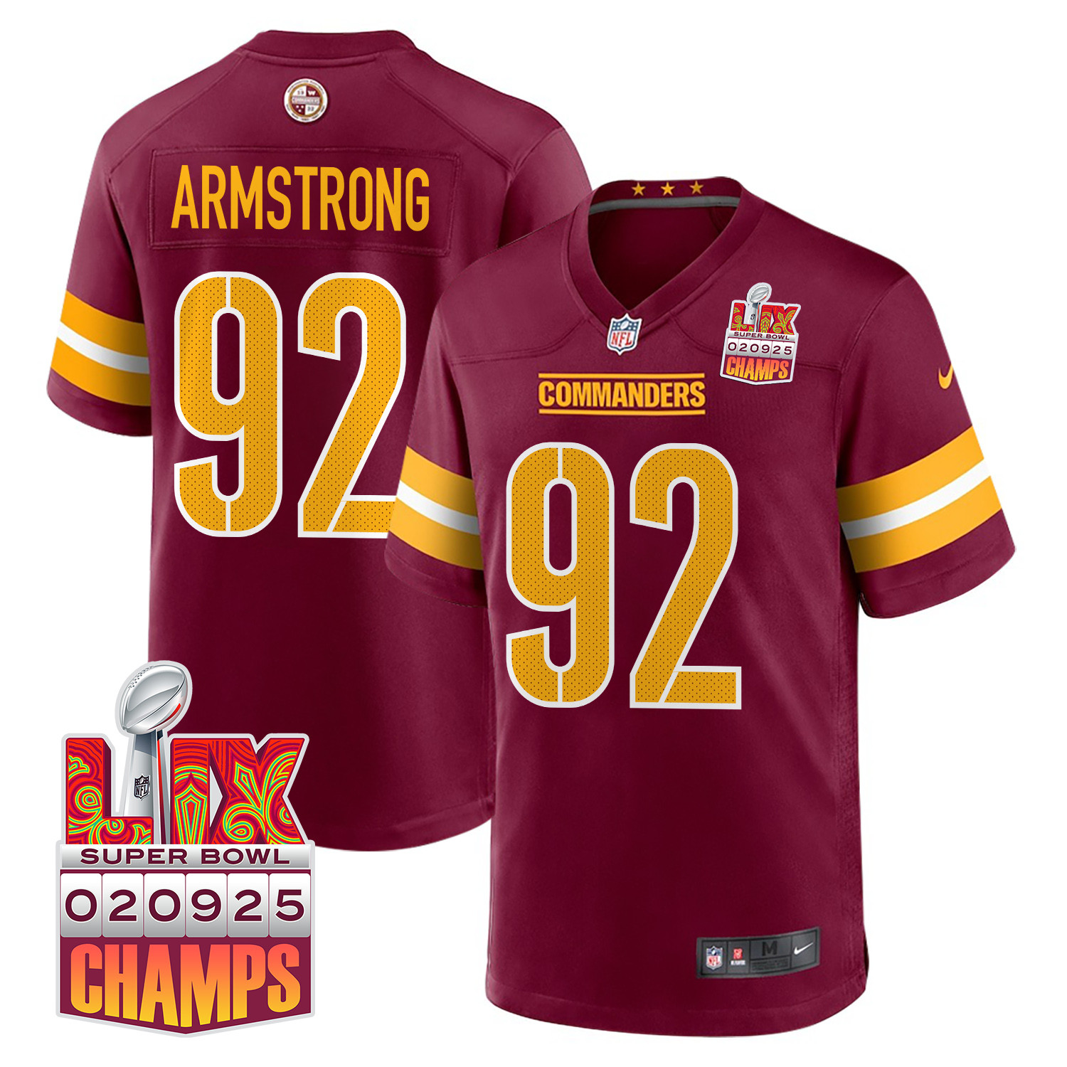Dorance Armstrong 92 Washington Commanders Super Bowl LIX Champions Patch Game Men Jersey - Burgundy JS2258 nicesnker