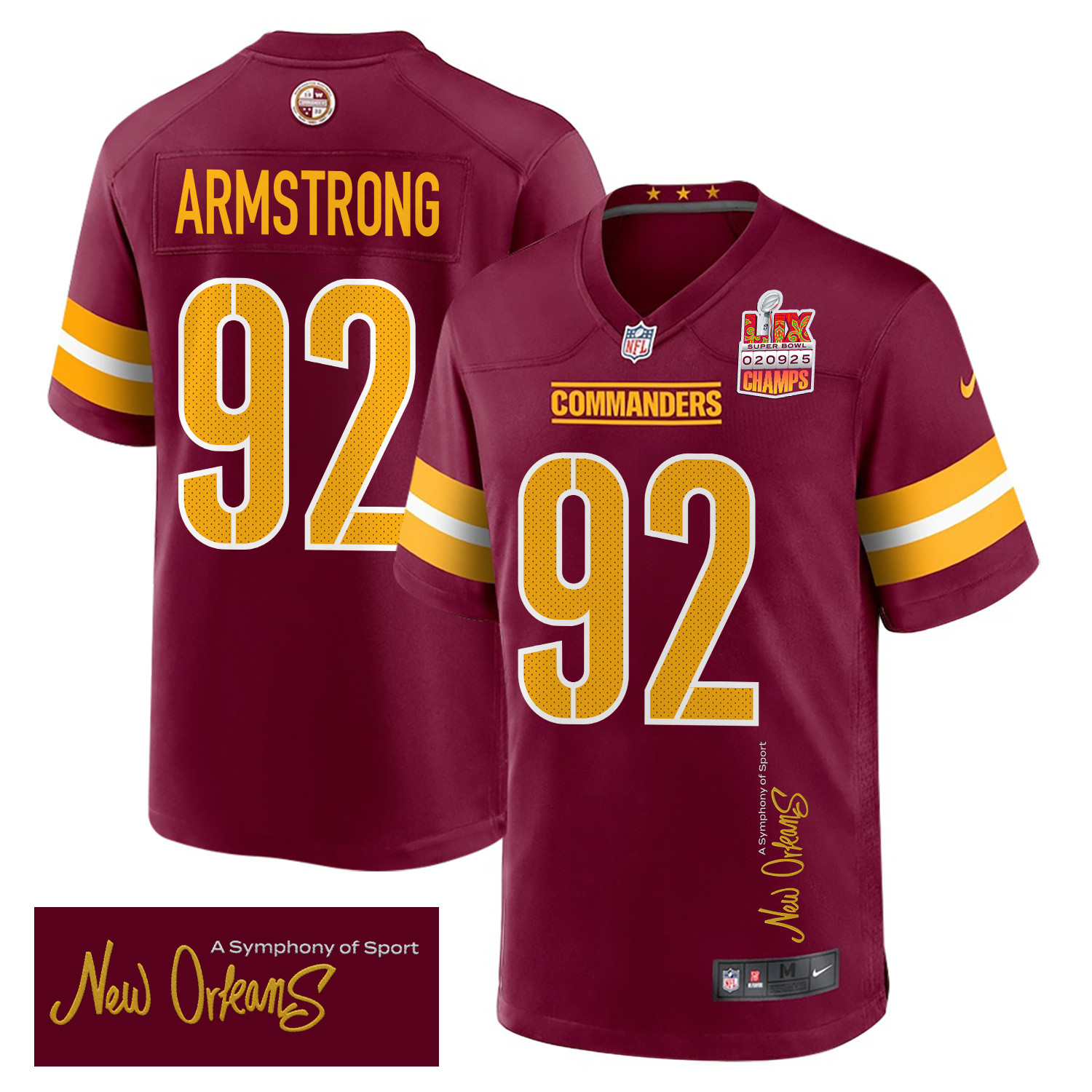 Dorance Armstrong 92 Washington Commanders Super Bowl LIX Champions Patch 'New Orleans - A Symphony of Sport' EMBROIDERED Game Men Jersey - Burgundy JS2924 nicesnker