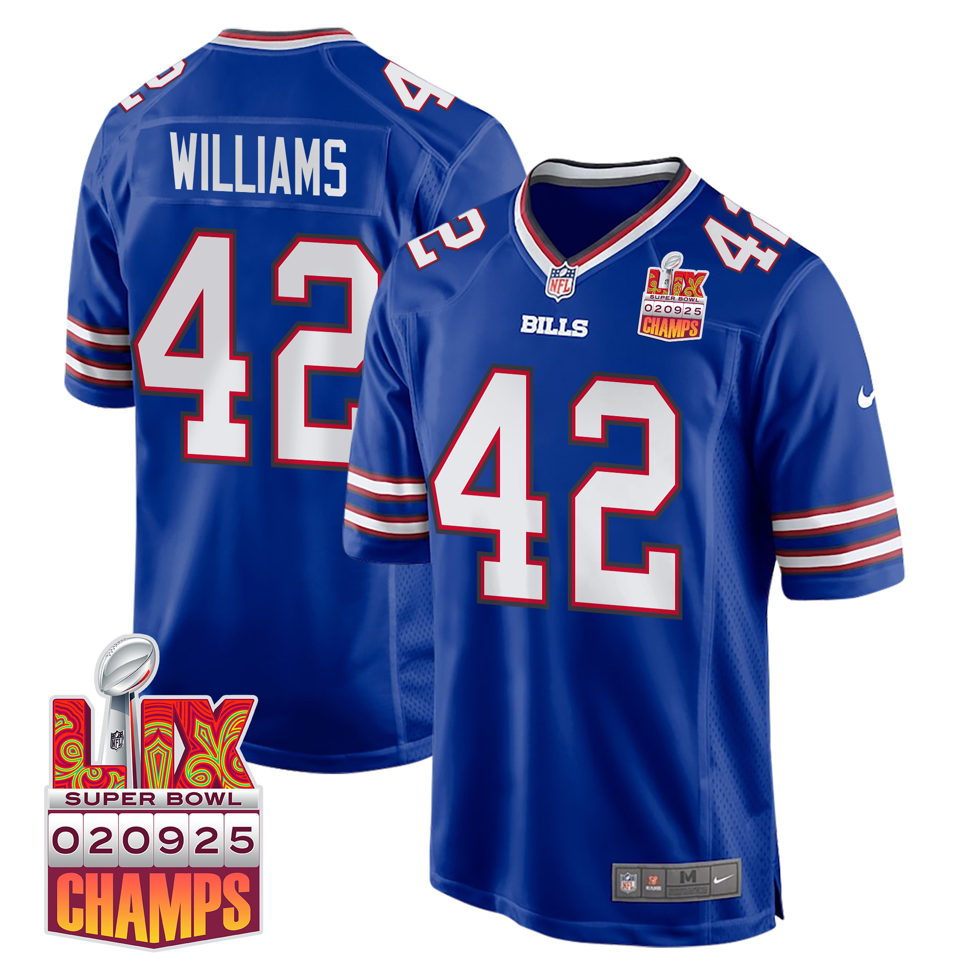 Dorian Williams 42 Buffalo Bills Super Bowl LIX Champions Patch Game Men Jersey - Royal JS7931 nicesnker