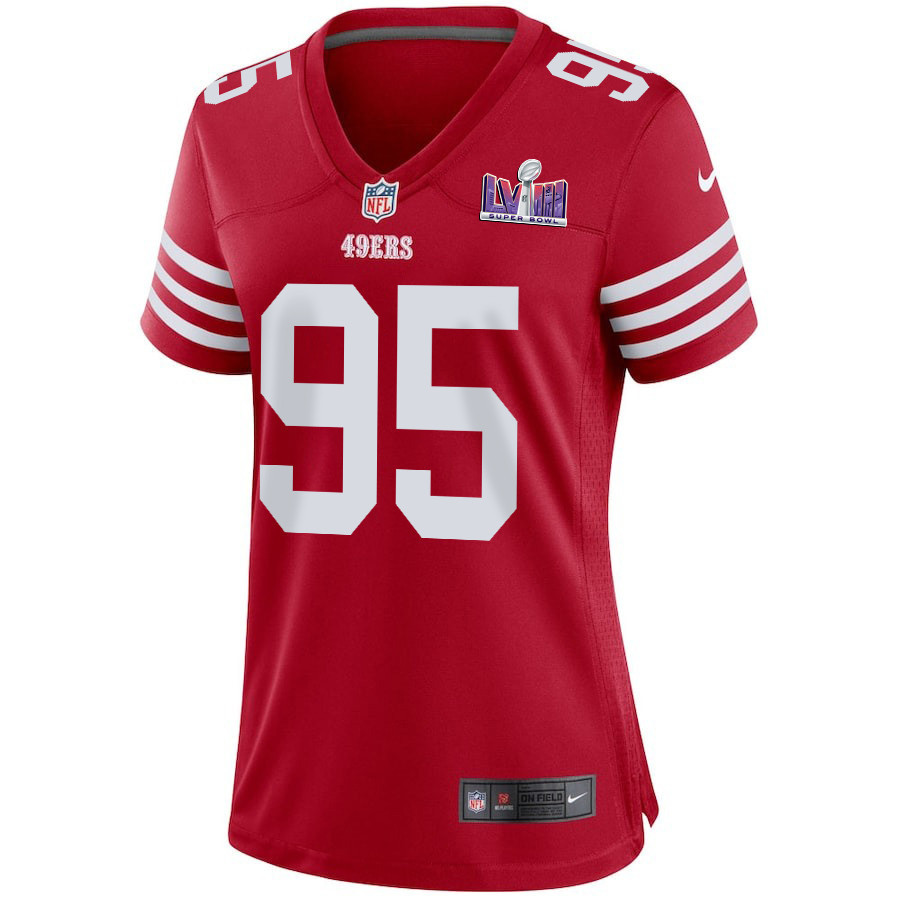 Alternative view of Drake Jackson 95 San Francisco 49ers Super Bowl LVIII Patch Game Women Jersey - Scarlet JS9947 nicesnker