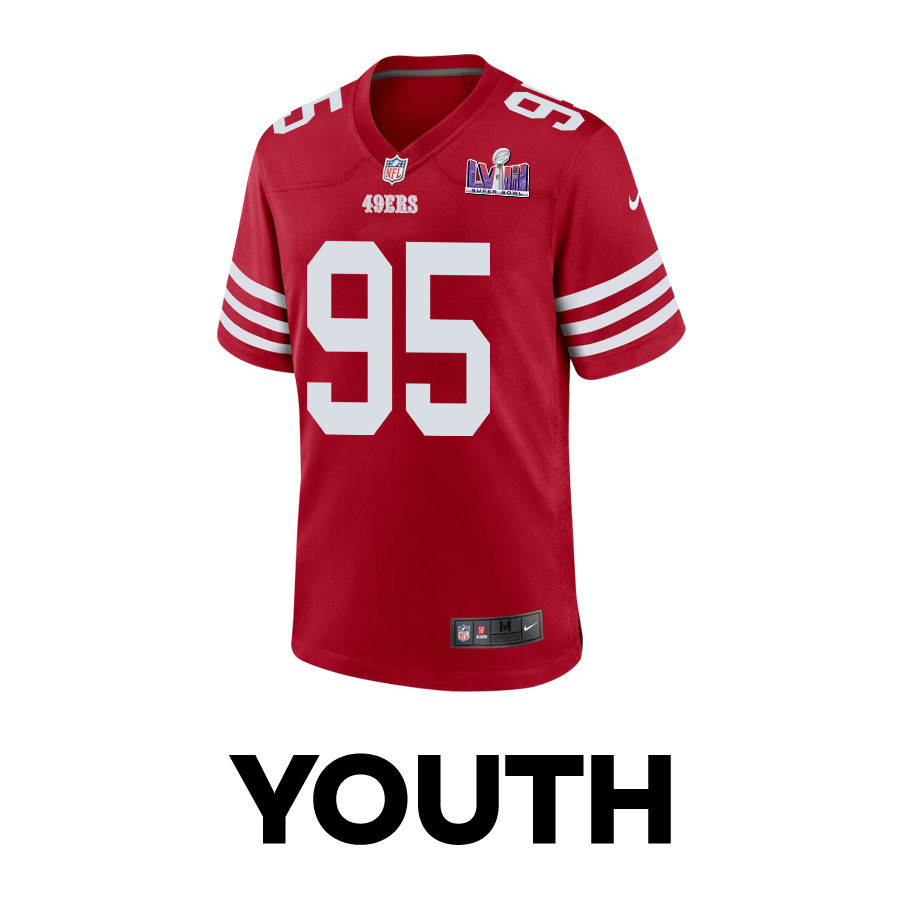 Alternative view of Drake Jackson 95 San Francisco 49ers Super Bowl LVIII Patch Game YOUTH Jersey - Scarlet JS8566 nicesnker