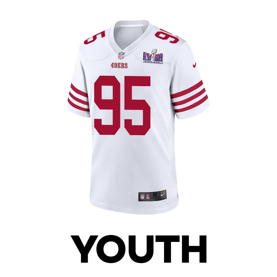 Alternative view of Drake Jackson 95 San Francisco 49ers Super Bowl LVIII Patch Game YOUTH Jersey - White JS6694 nicesnker