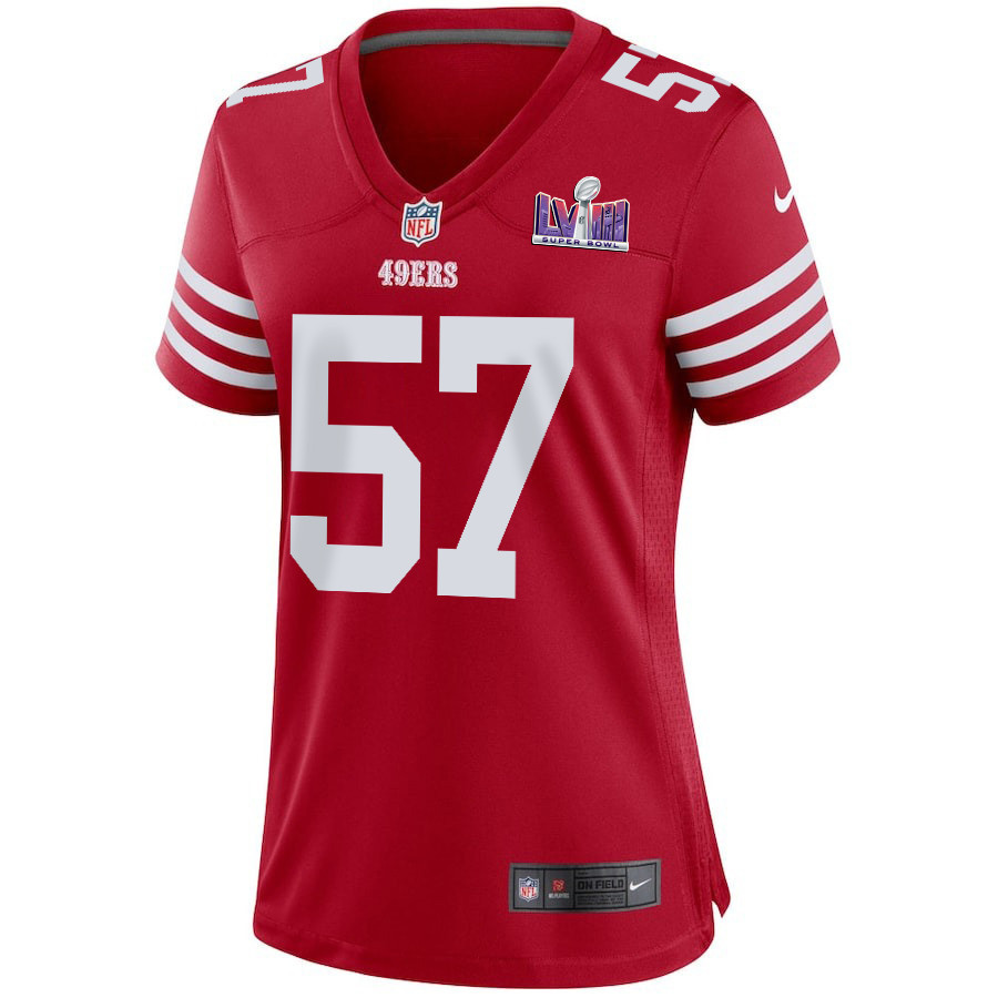 Alternative view of Dre Greenlaw 57 San Francisco 49ers Super Bowl LVIII Patch Game Women Jersey - Scarlet JS9399 nicesnker