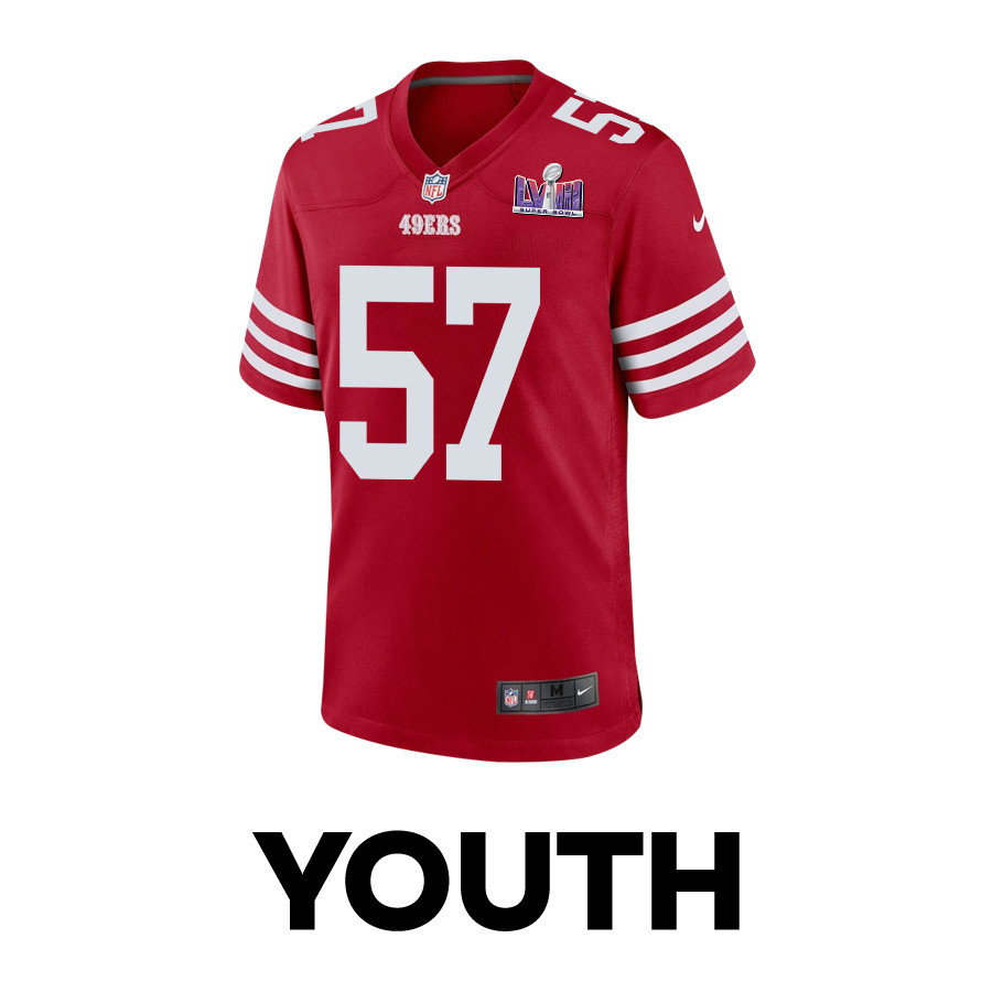 Alternative view of Dre Greenlaw 57 San Francisco 49ers Super Bowl LVIII Patch Game YOUTH Jersey - Scarlet JS2888 nicesnker
