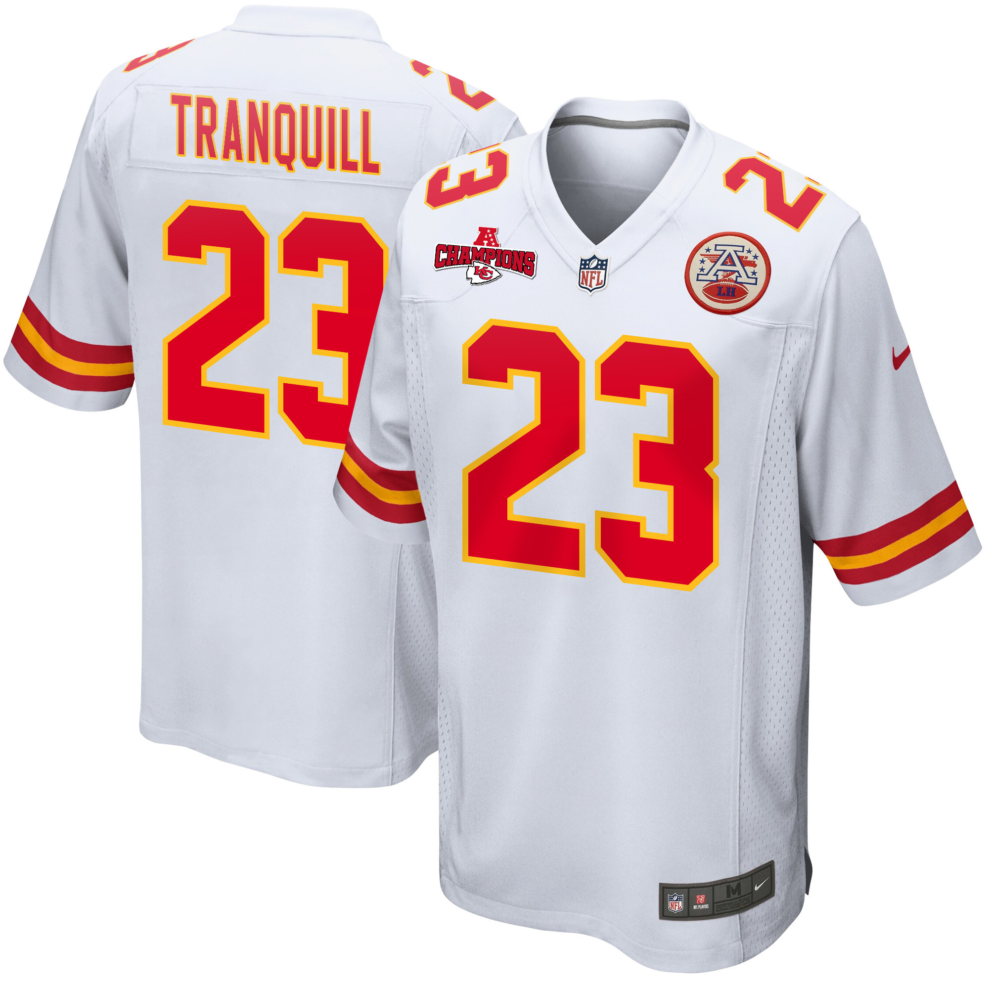 Drue Tranquill 23 Kansas City Chiefs AFC Champions Patch Game Men Jersey - White JS6421 nicesnker