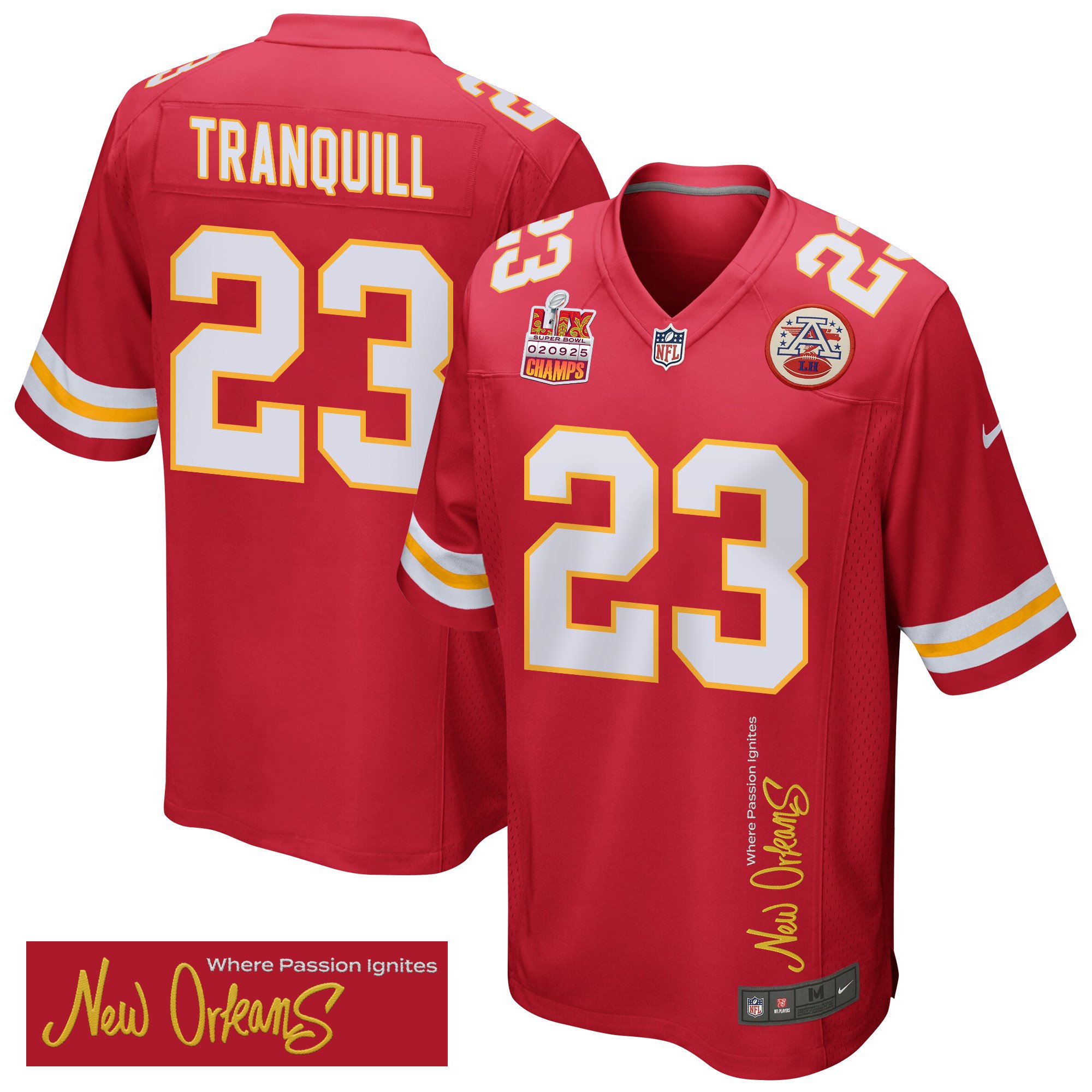 Drue Tranquill 23 Kansas City Chiefs Super Bowl LIX Champions Patch 'New Orleans - Where Passion Ignites' EMBROIDERED Game Men Jersey - Red JS9006 nicesnker