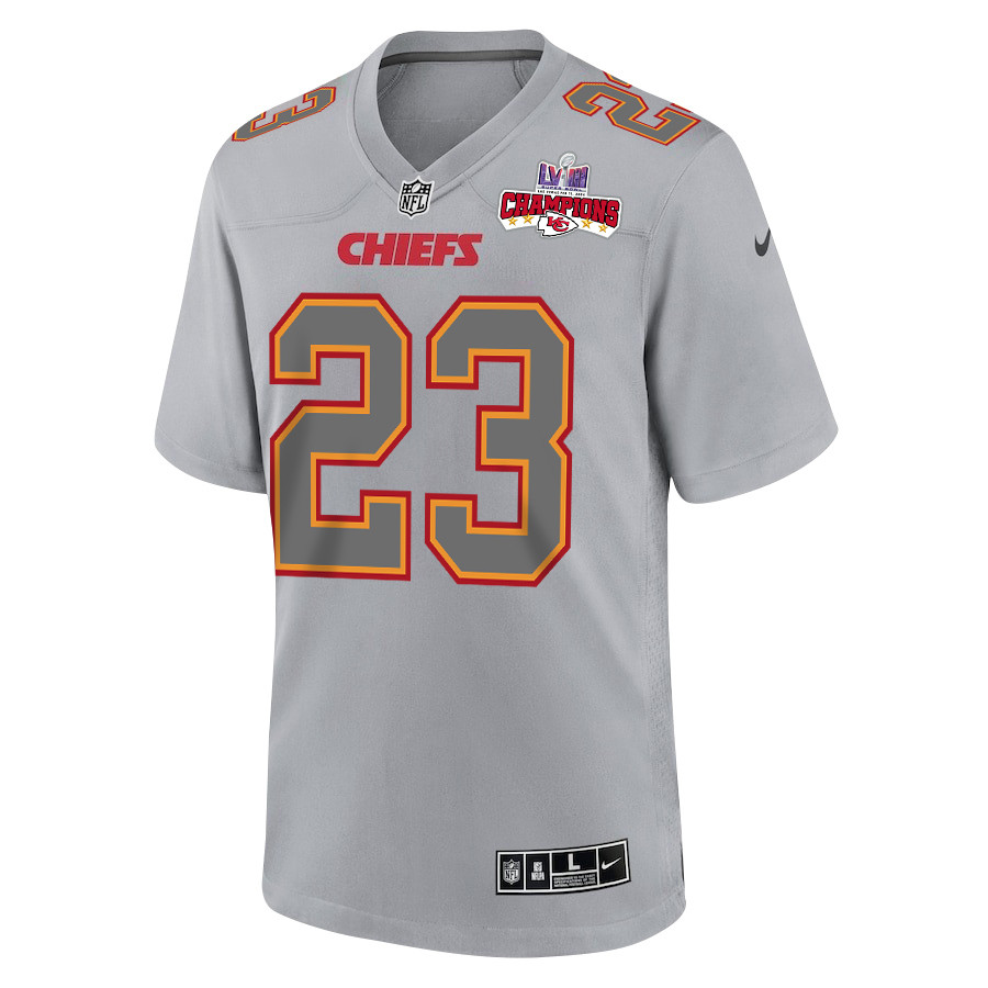 Alternative view of Drue Tranquill 23 Kansas City Chiefs Super Bowl LVIII Champions 4 Stars Patch Atmosphere Fashion Game Men Jersey - Gray JS9133 nicesnker