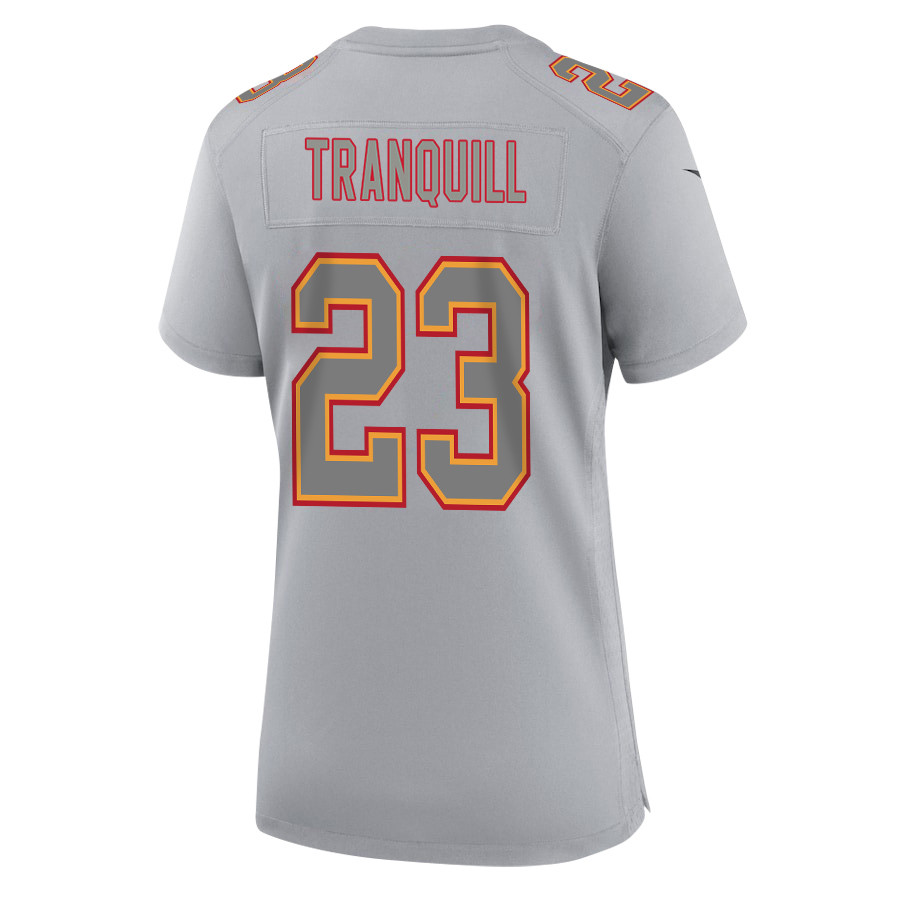 Drue Tranquill 23 Kansas City Chiefs Super Bowl LVIII Champions 4 Stars Patch Atmosphere Fashion Game Women Jersey - Gray JS8429 nicesnker - Image 3
