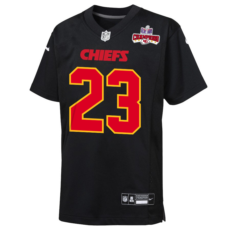 Alternative view of Drue Tranquill 23 Kansas City Chiefs Super Bowl LVIII Champions 4 Stars Patch Fashion Game YOUTH Jersey - Carbon Black JS3179 nicesnker
