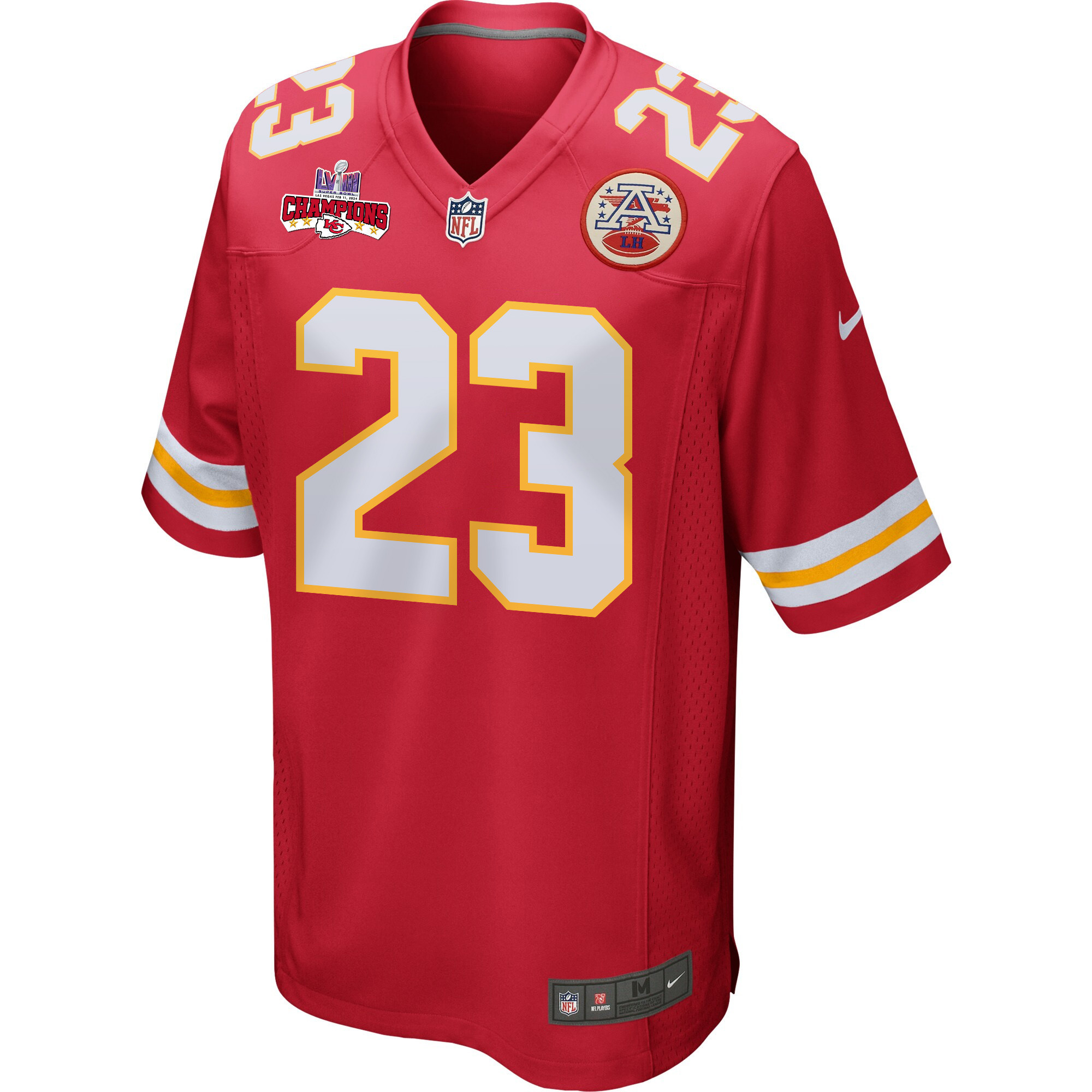 Alternative view of Drue Tranquill 23 Kansas City Chiefs Super Bowl LVIII Champions 4 Stars Patch Game Men Jersey - Red JS3828 nicesnker