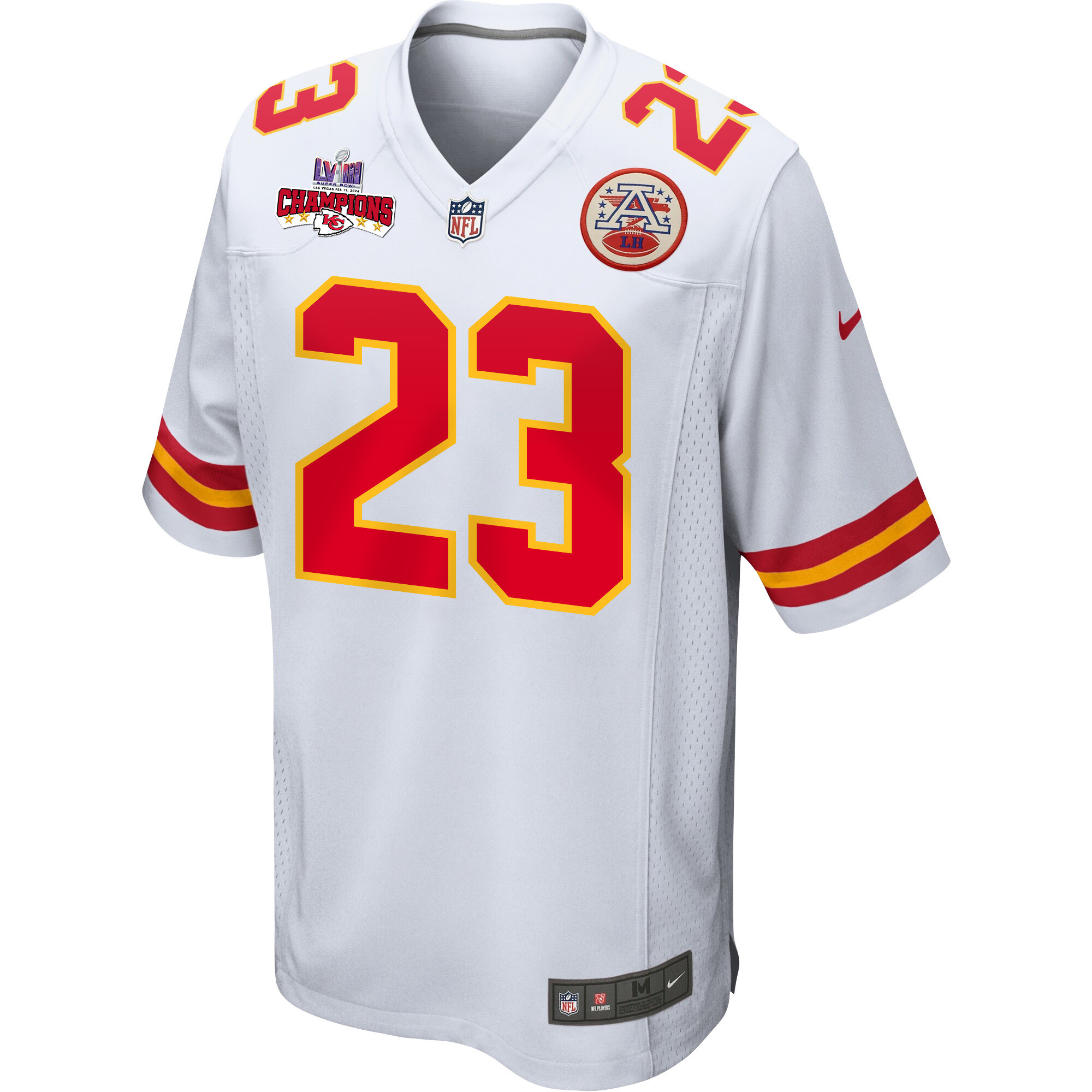 Alternative view of Drue Tranquill 23 Kansas City Chiefs Super Bowl LVIII Champions 4 Stars Patch Game Men Jersey - White JS6586 nicesnker