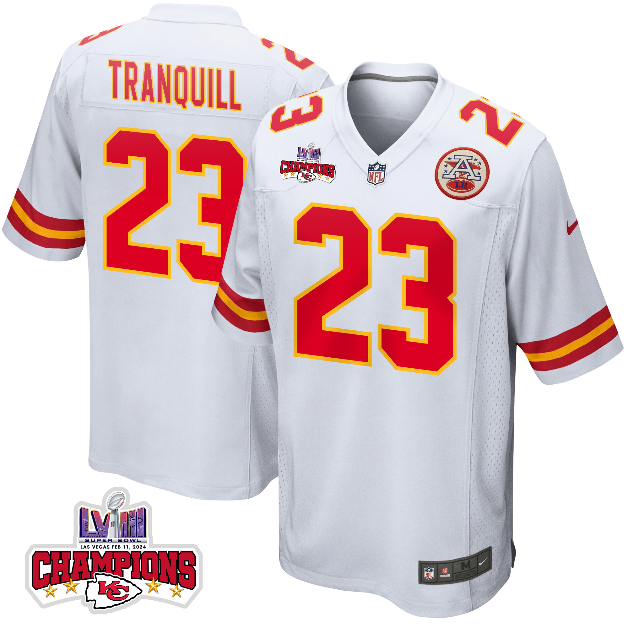 Drue Tranquill 23 Kansas City Chiefs Super Bowl LVIII Champions 4 Stars Patch Game Men Jersey - White JS6586 nicesnker