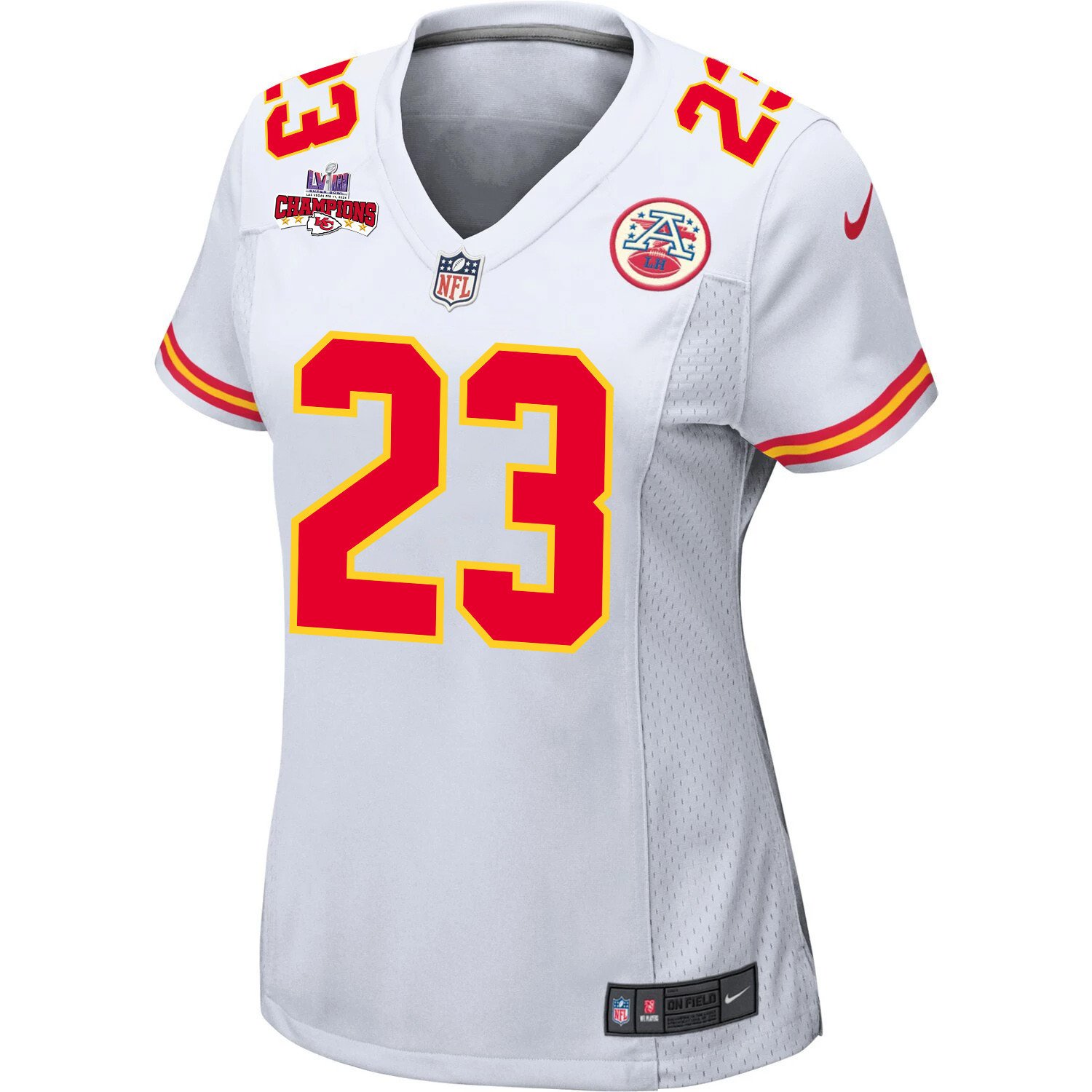 Alternative view of Drue Tranquill 23 Kansas City Chiefs Super Bowl LVIII Champions 4 Stars Patch Game Women Jersey - White JS2366 nicesnker
