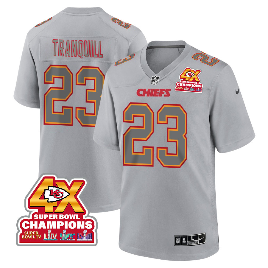 Drue Tranquill 23 Kansas City Chiefs Super Bowl LVIII Champions 4X Atmosphere Fashion Game Men Jersey - Gray JS2563 nicesnker