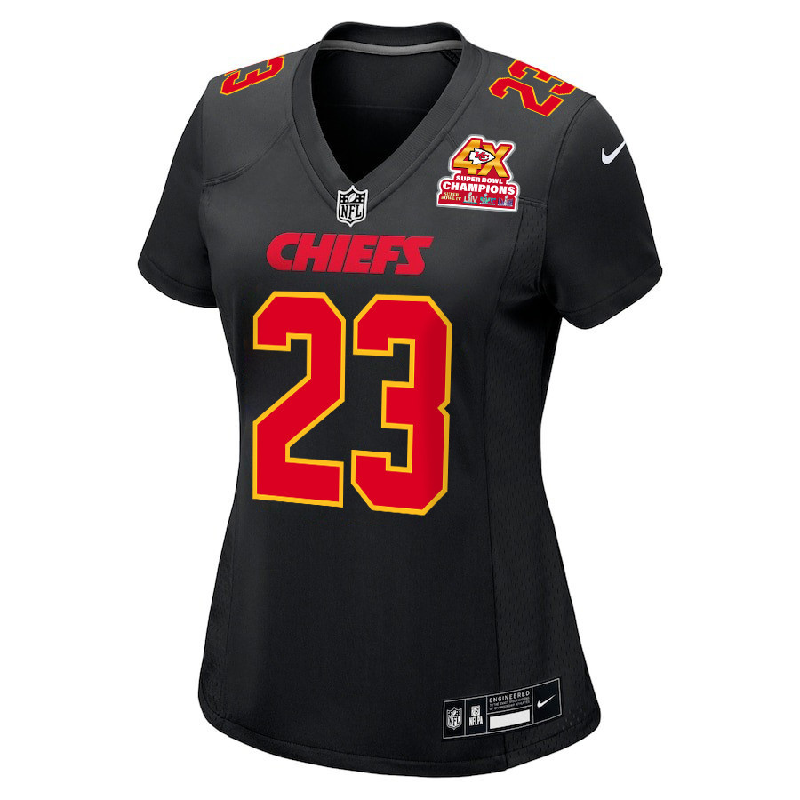 Alternative view of Drue Tranquill 23 Kansas City Chiefs Super Bowl LVIII Champions 4X Fashion Game Women Jersey - Carbon Black JS1505 nicesnker
