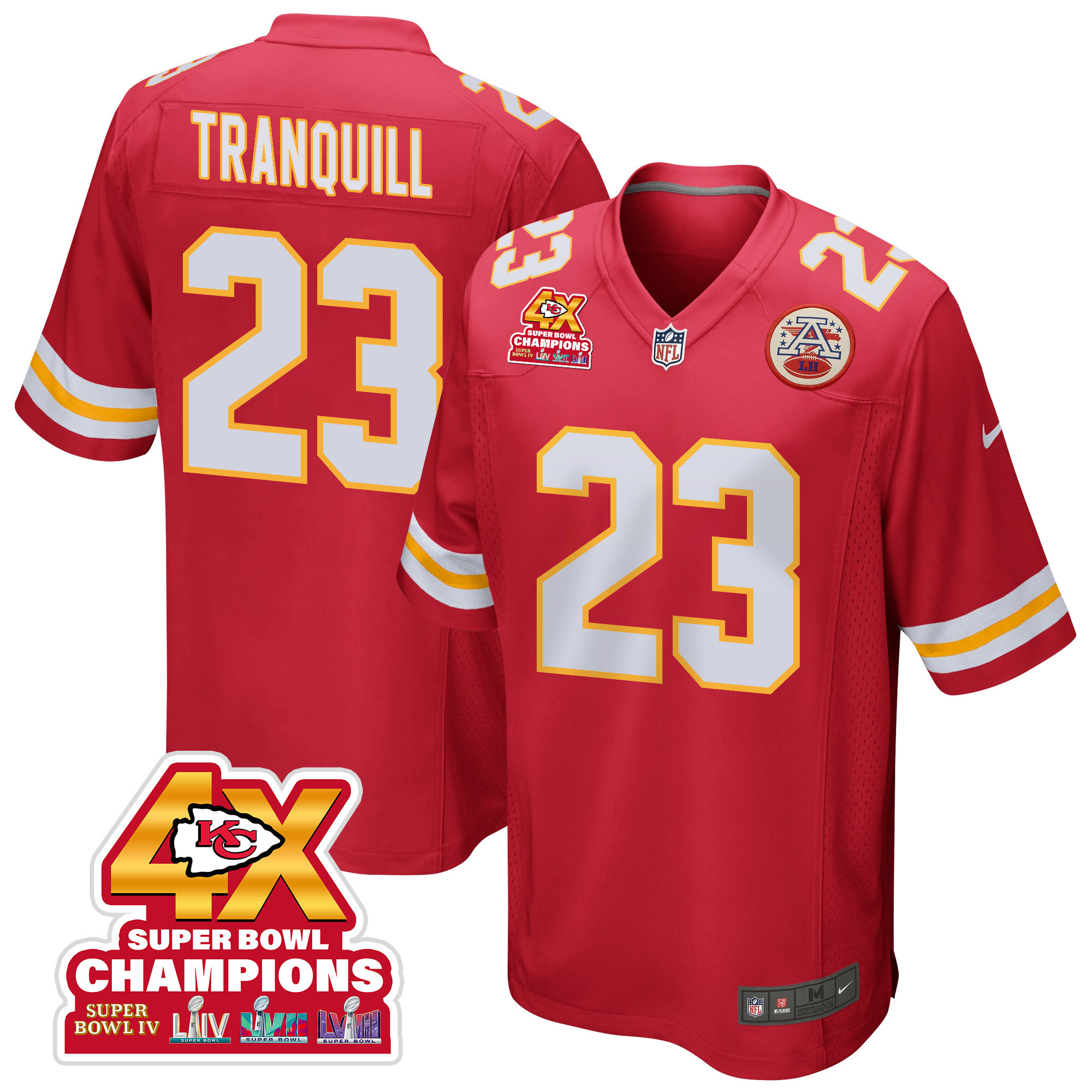Drue Tranquill 23 Kansas City Chiefs Super Bowl LVIII Champions 4X Game Men Jersey - Red JS6194 nicesnker