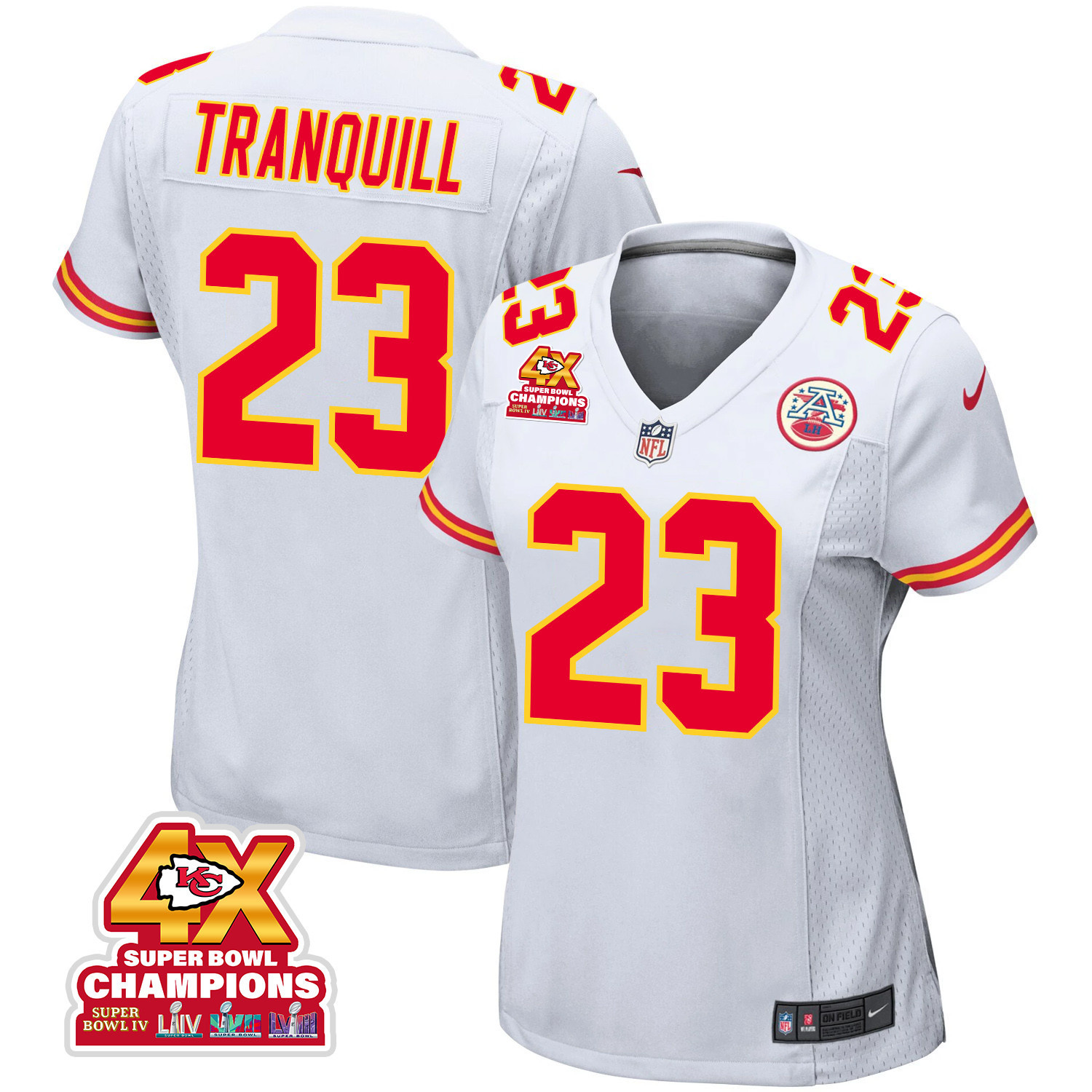 Drue Tranquill 23 Kansas City Chiefs Super Bowl LVIII Champions 4X Game Women Jersey - White JS4254 nicesnker