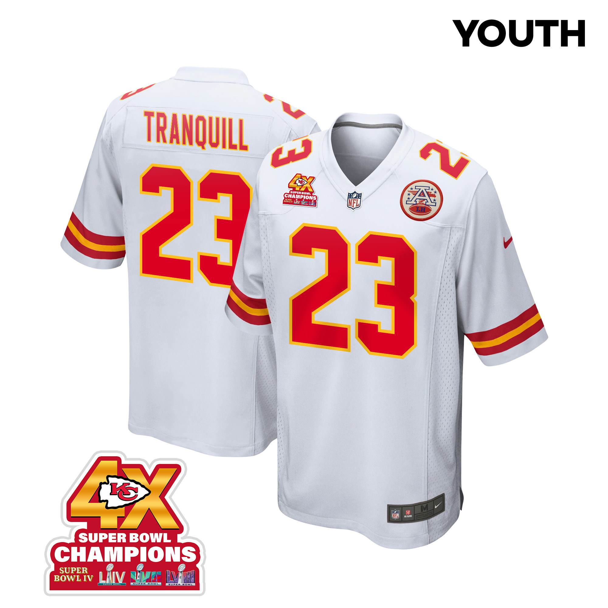 Drue Tranquill 23 Kansas City Chiefs Super Bowl LVIII Champions 4X Game YOUTH Jersey - White JS5589 nicesnker