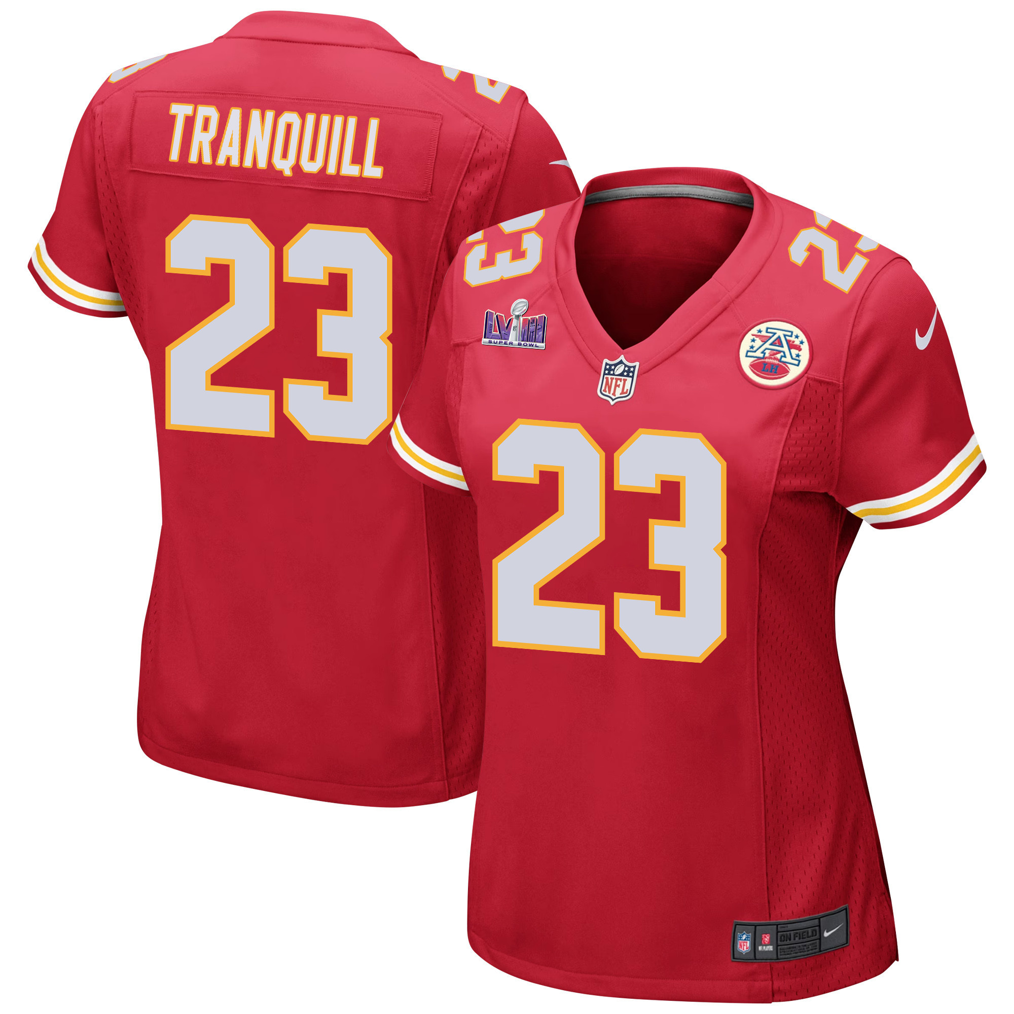 Drue Tranquill 23 Kansas City Chiefs Super Bowl LVIII Patch Game Women Jersey - Red JS8382 nicesnker
