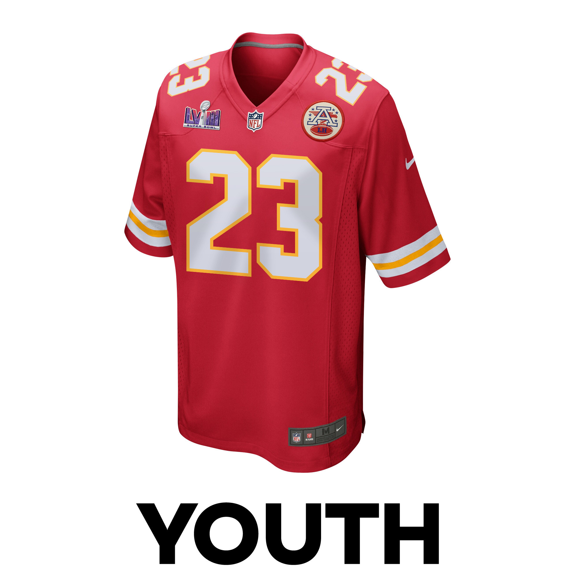 Alternative view of Drue Tranquill 23 Kansas City Chiefs Super Bowl LVIII Patch Game YOUTH Jersey - Red JS6316 nicesnker