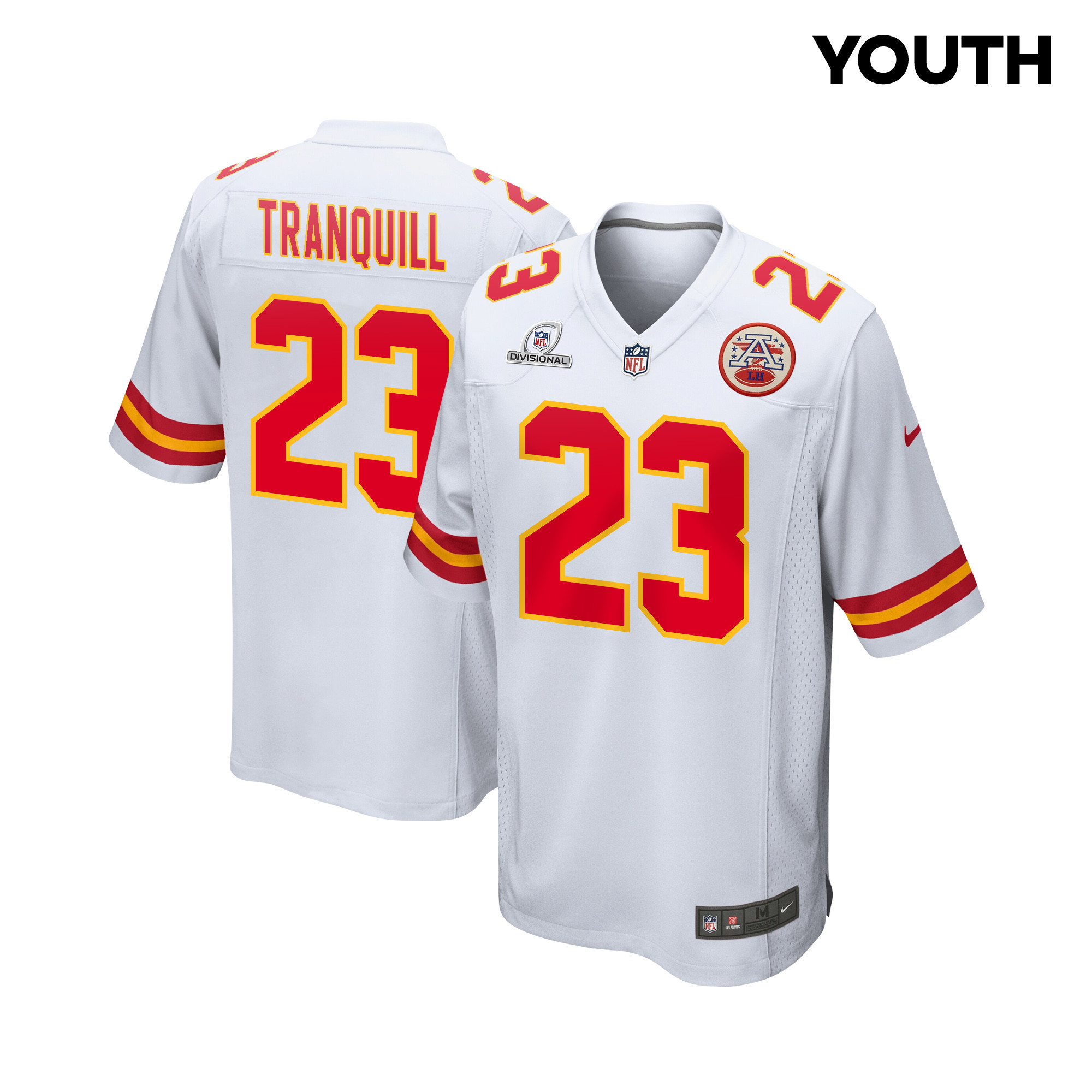 Drue Tranquill 23 Kansas City Chiefs Super Bowl LVIII Patch Game YOUTH Jersey - White JS9946 nicesnker