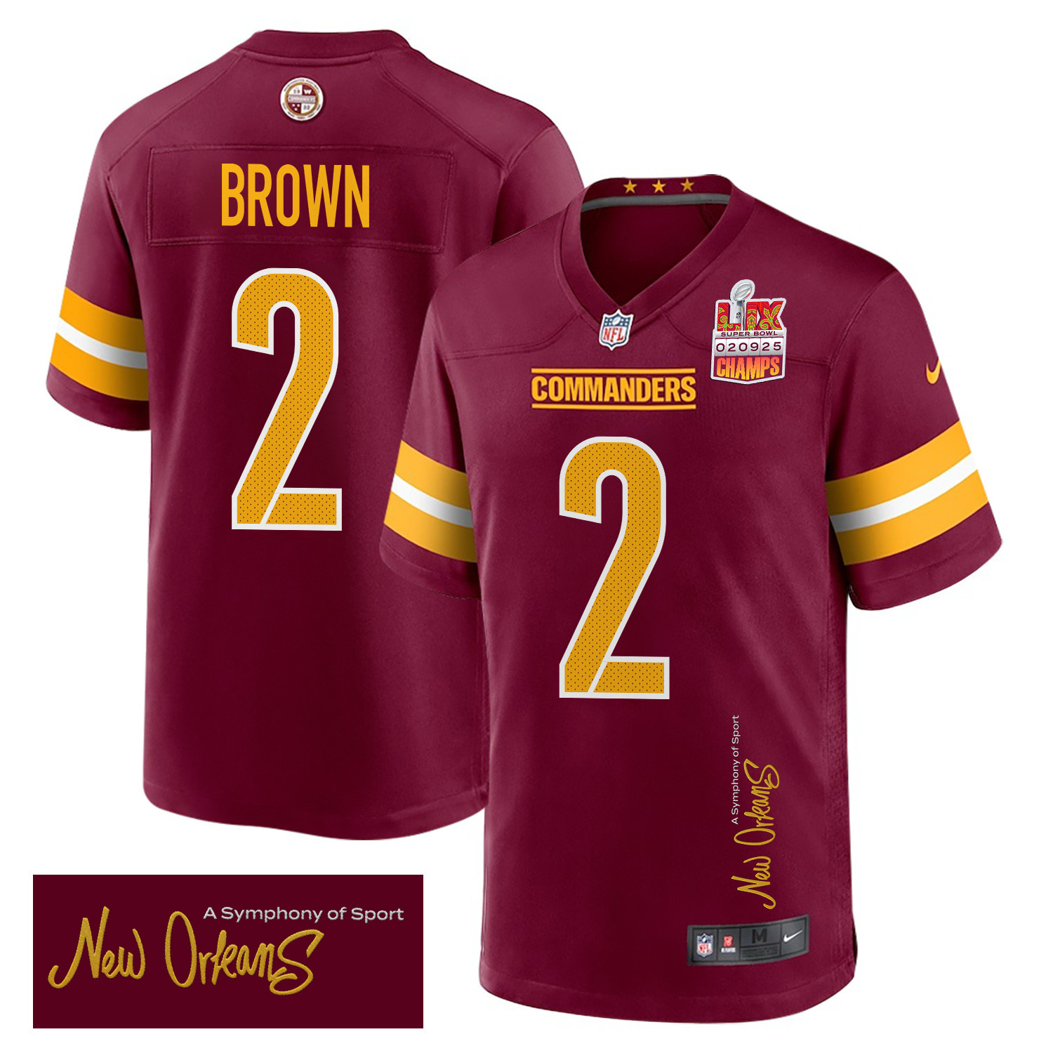 Dyami Brown 2 Washington Commanders Super Bowl LIX Champions Patch 'New Orleans - A Symphony of Sport' EMBROIDERED Game Men Jersey - Burgundy JS5277 nicesnker