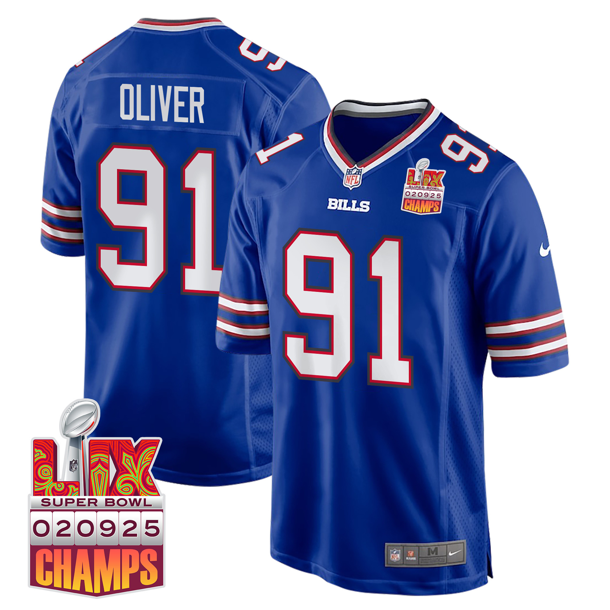 Ed Oliver 91 Buffalo Bills Super Bowl LIX Champions Patch Game Men Jersey - Royal JS8327 nicesnker