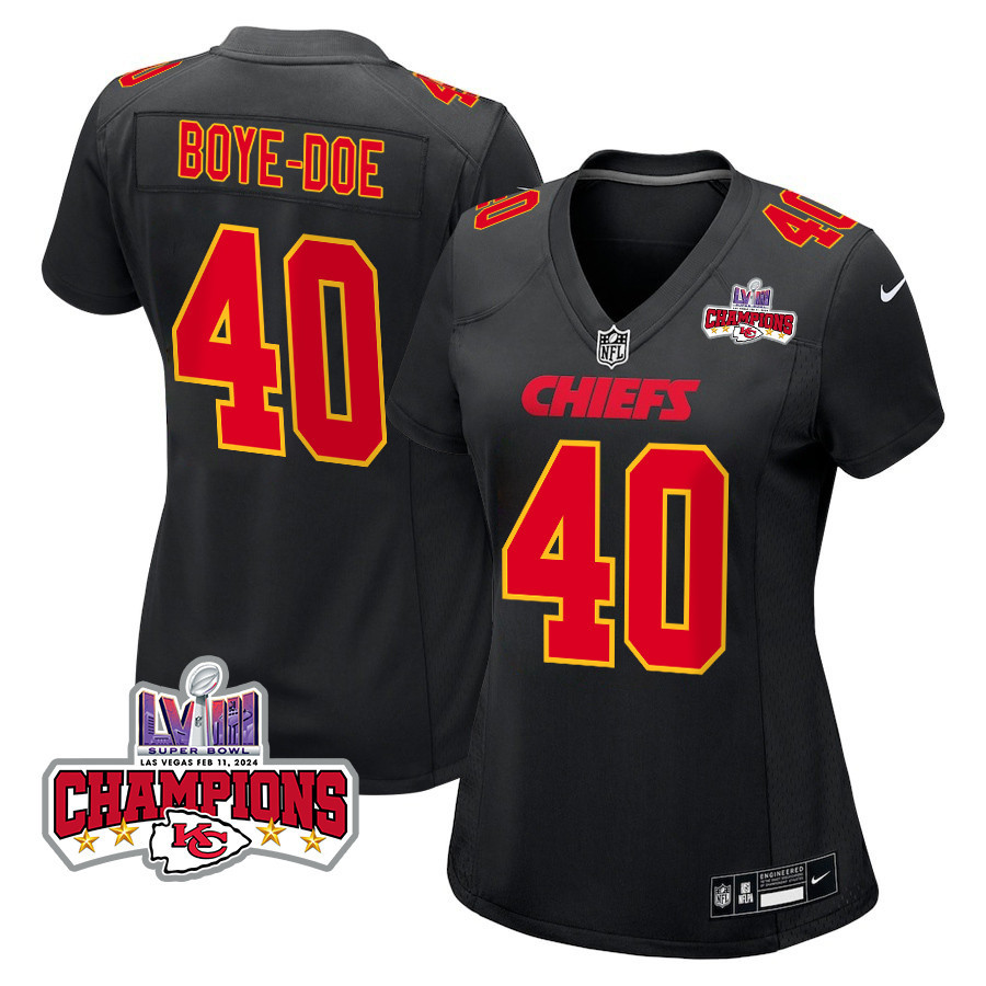 Ekow Boye-Doe 40 Kansas City Chiefs Super Bowl LVIII Champions 4 Stars Patch Fashion Game Women Jersey - Carbon Black JS1670 nicesnker