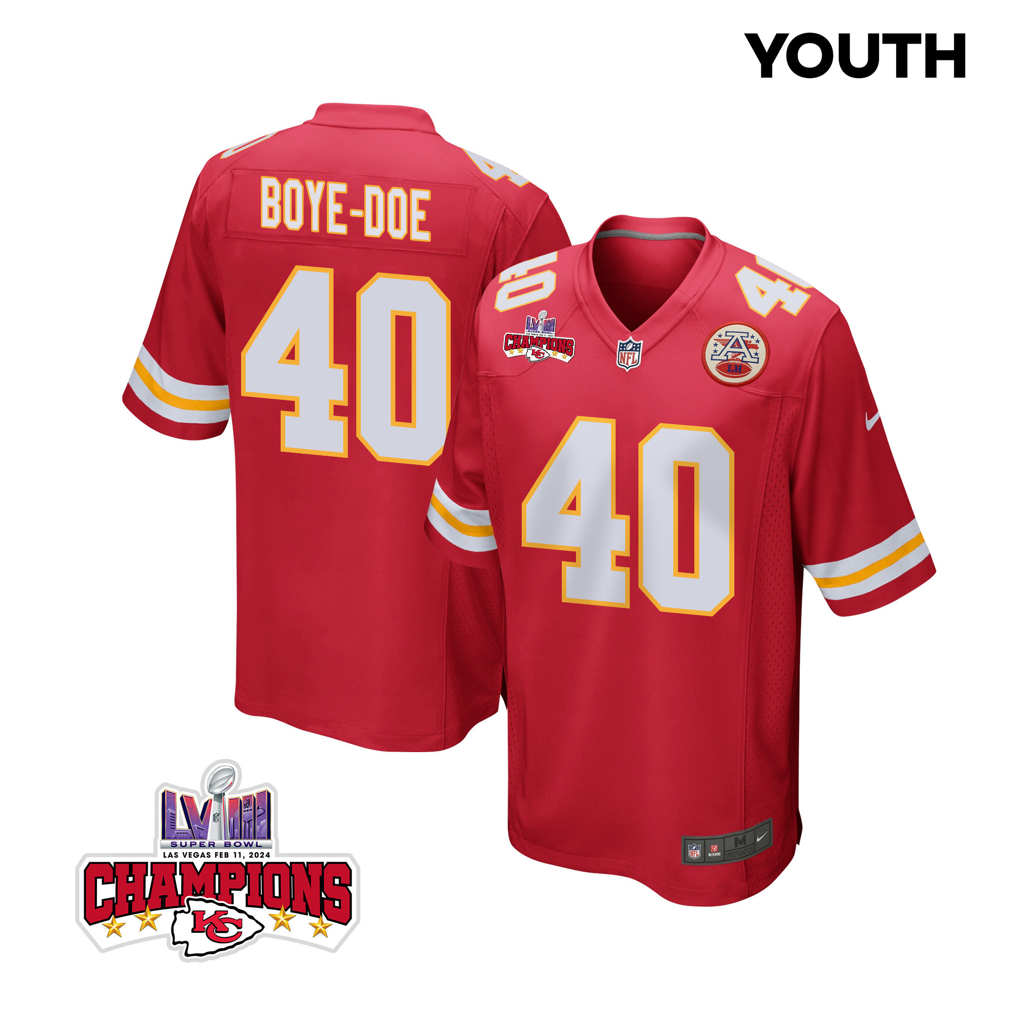 Ekow Boye-Doe 40 Kansas City Chiefs Super Bowl LVIII Champions 4 Stars Patch Game YOUTH Jersey - Red JS4833 nicesnker
