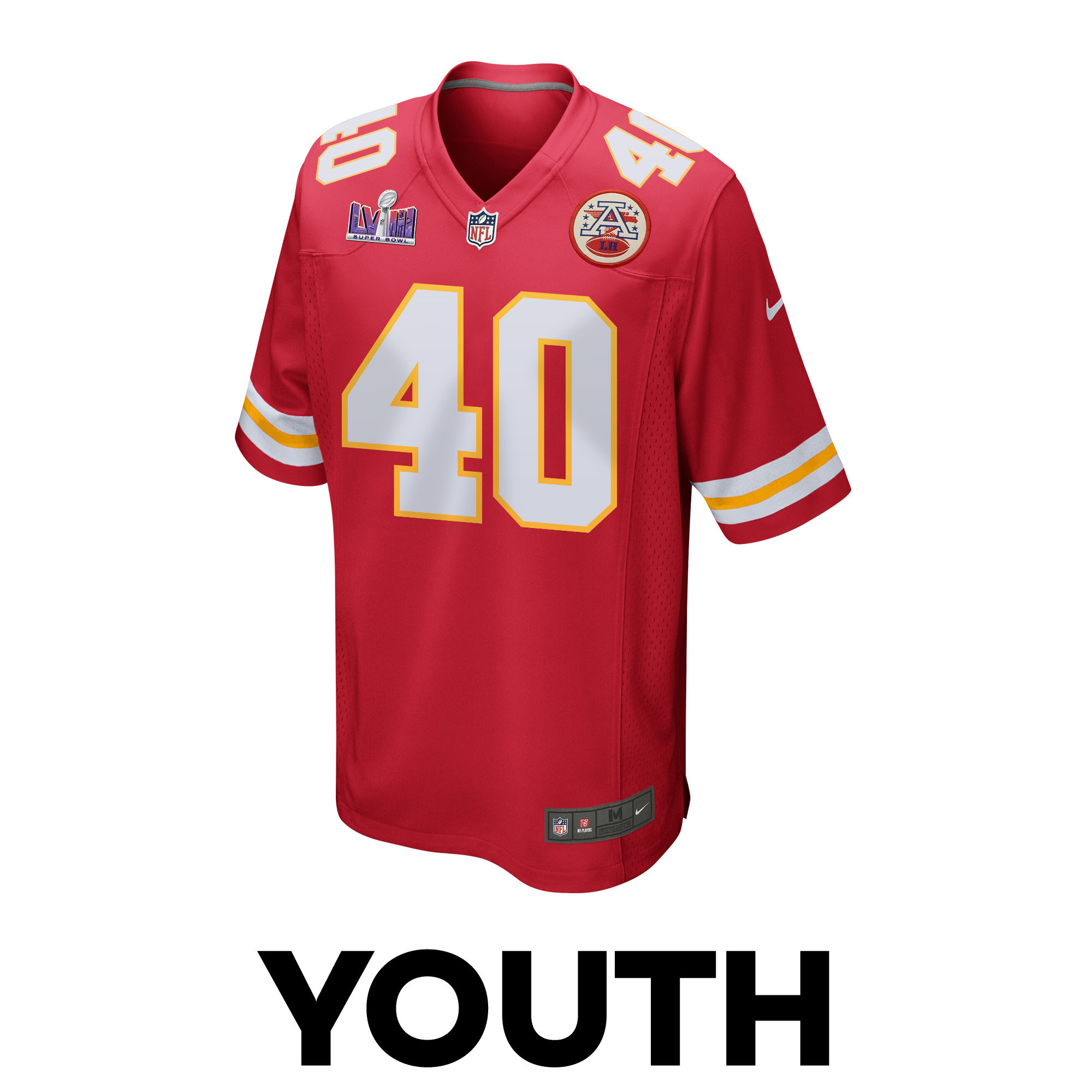 Alternative view of Ekow Boye-Doe 40 Kansas City Chiefs Super Bowl LVIII Patch Game YOUTH Jersey - Red JS6163 nicesnker