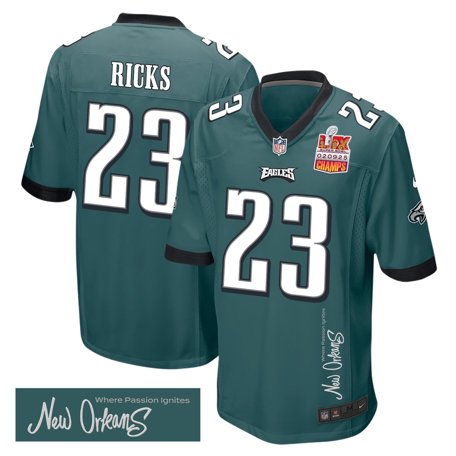 Eli Ricks 23 Philadelphia Eagles Super Bowl LIX Champions Patch 'New Orleans - Where Passion Ignites' EMBROIDERED Game Men Jersey - Midnight Green JS3994 nicesnker