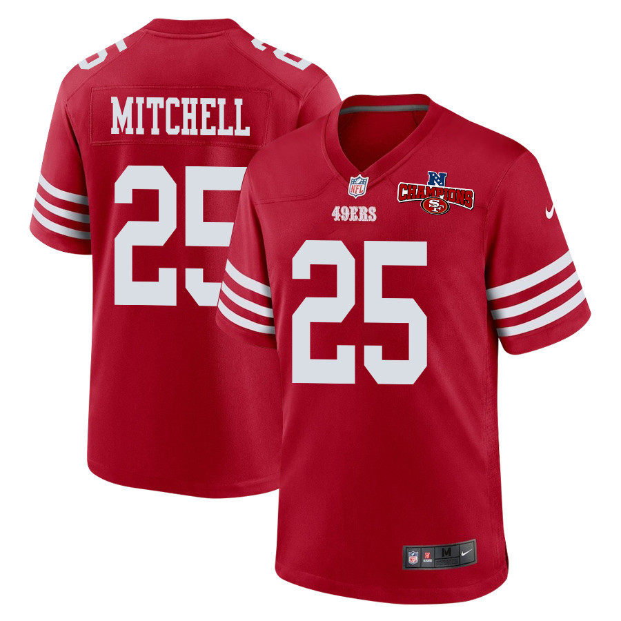 Elijah Mitchell 25 San Francisco 49ers NFC Champions Patch Game Men Jersey - Scarlet JS5913 nicesnker